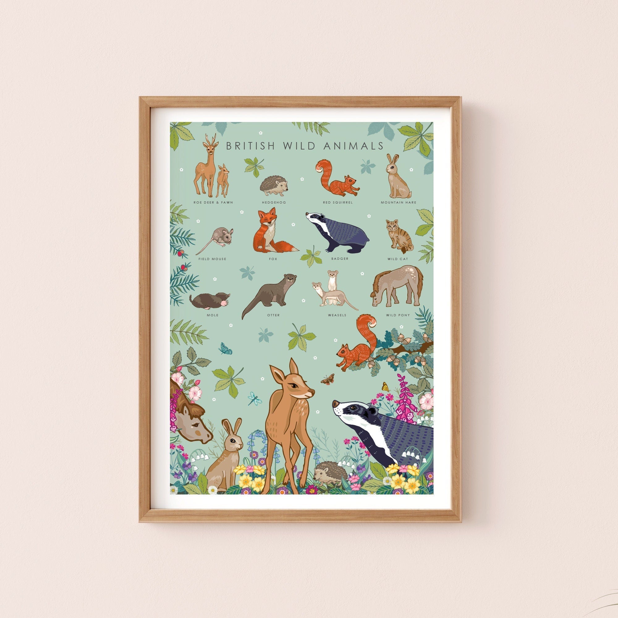 British Wild Animals Nature Guide Wall Art Print