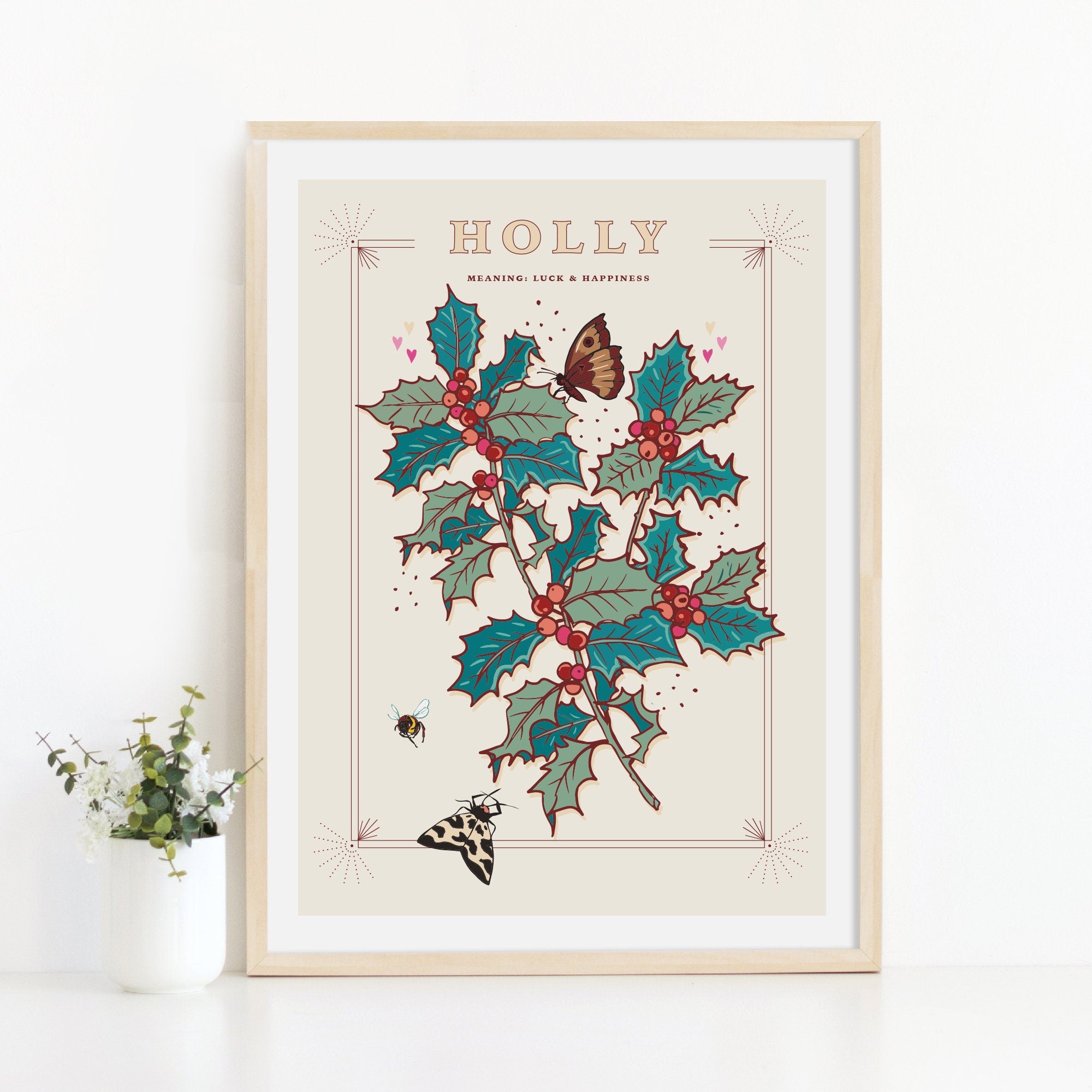 Holly Berries December Birth Month Wall Art Print