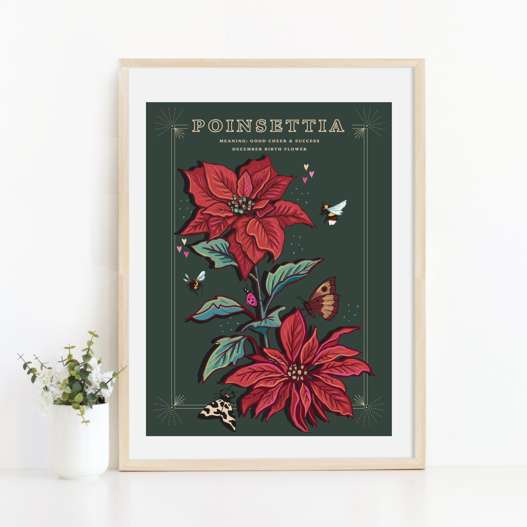 Poinsettia Wall Art Print, December Flower Illustration Print