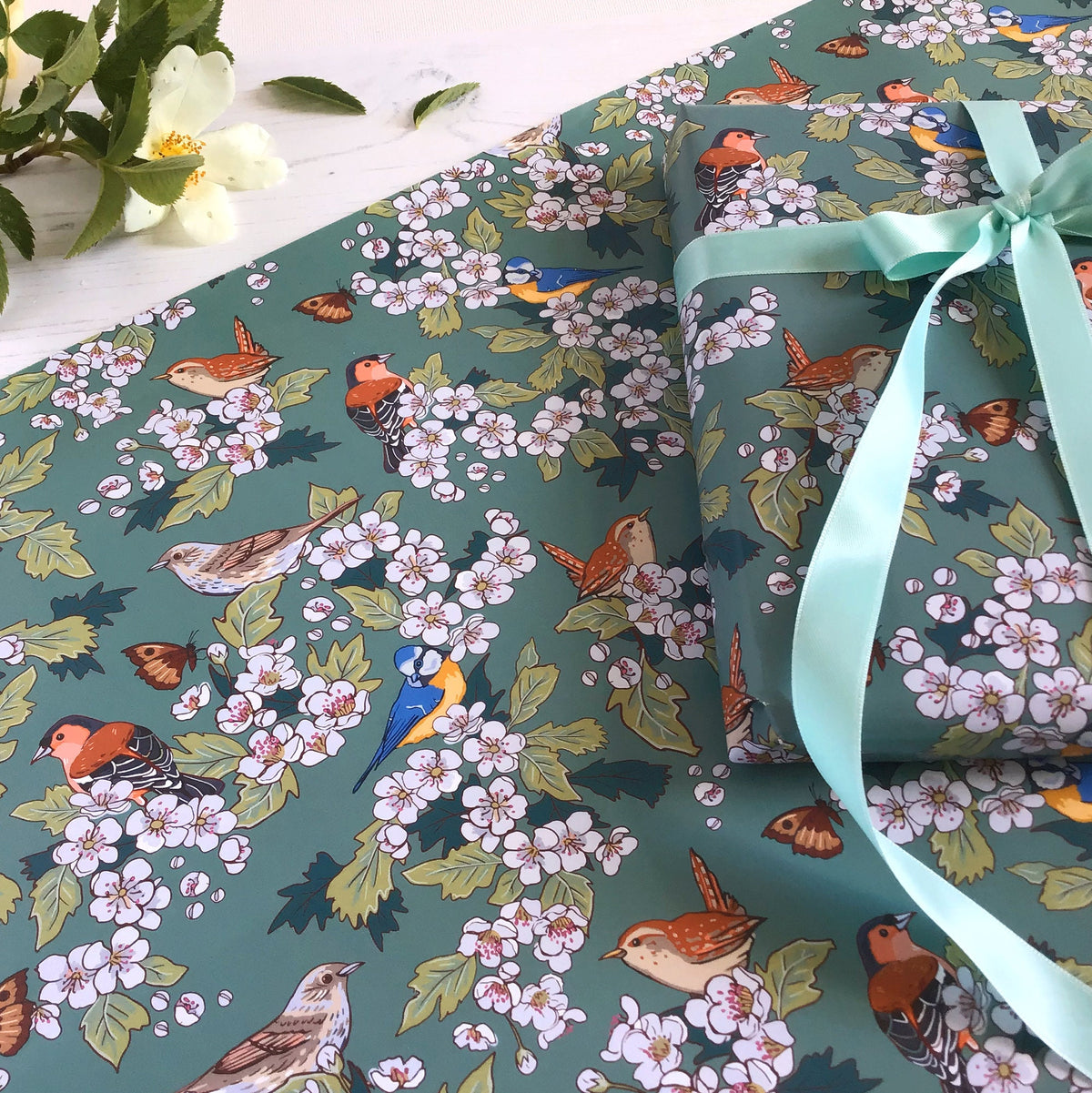 Hawthorn Blossom Gift Wrap, Hedgerow Birds Wrapping Paper