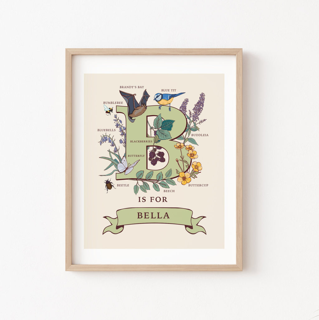 Personalised Monogram Initial Letter B, Nature Guide Wall Art Print