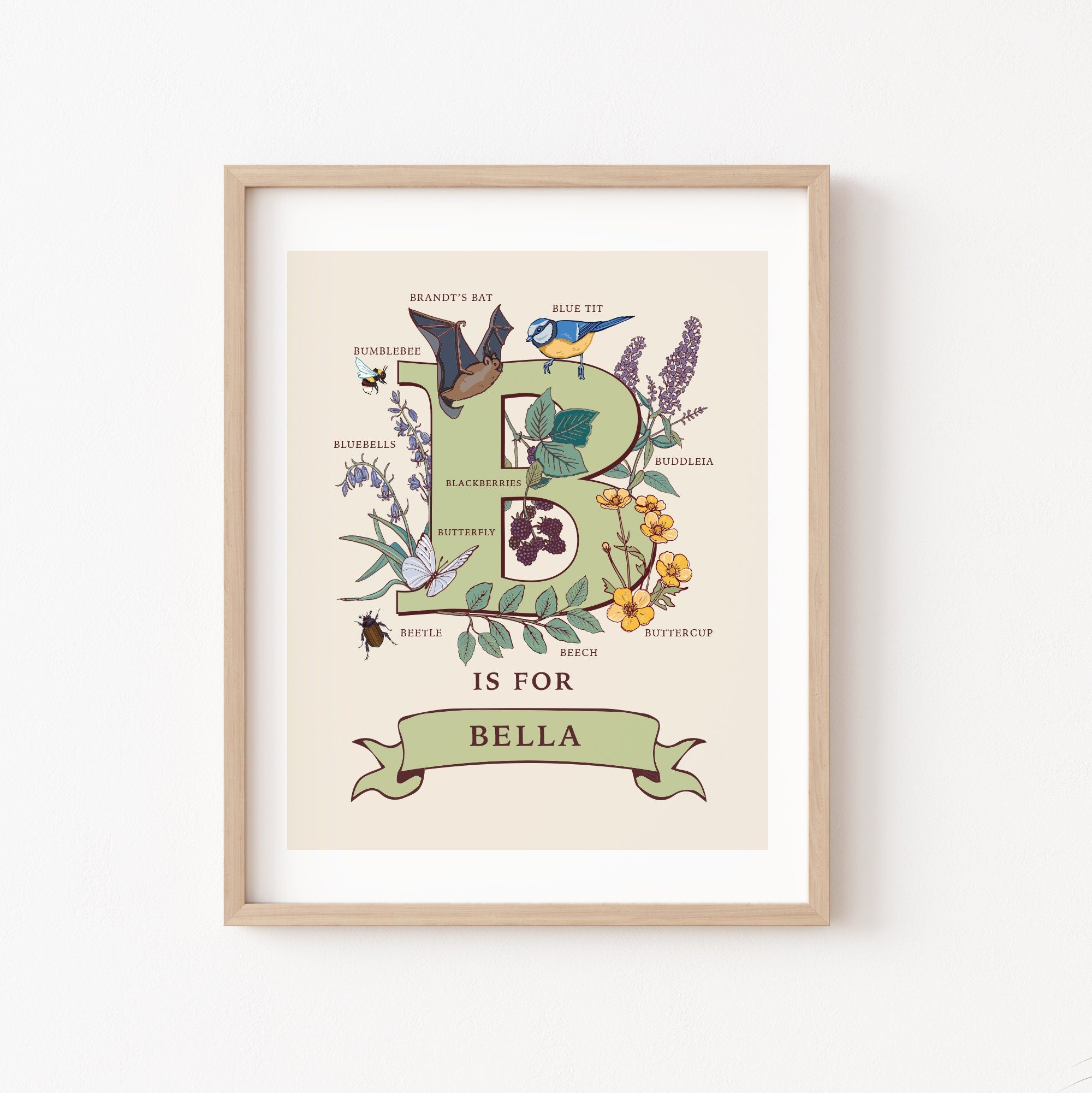 Personalised Monogram Initial Letter B, Nature Guide Wall Art Print