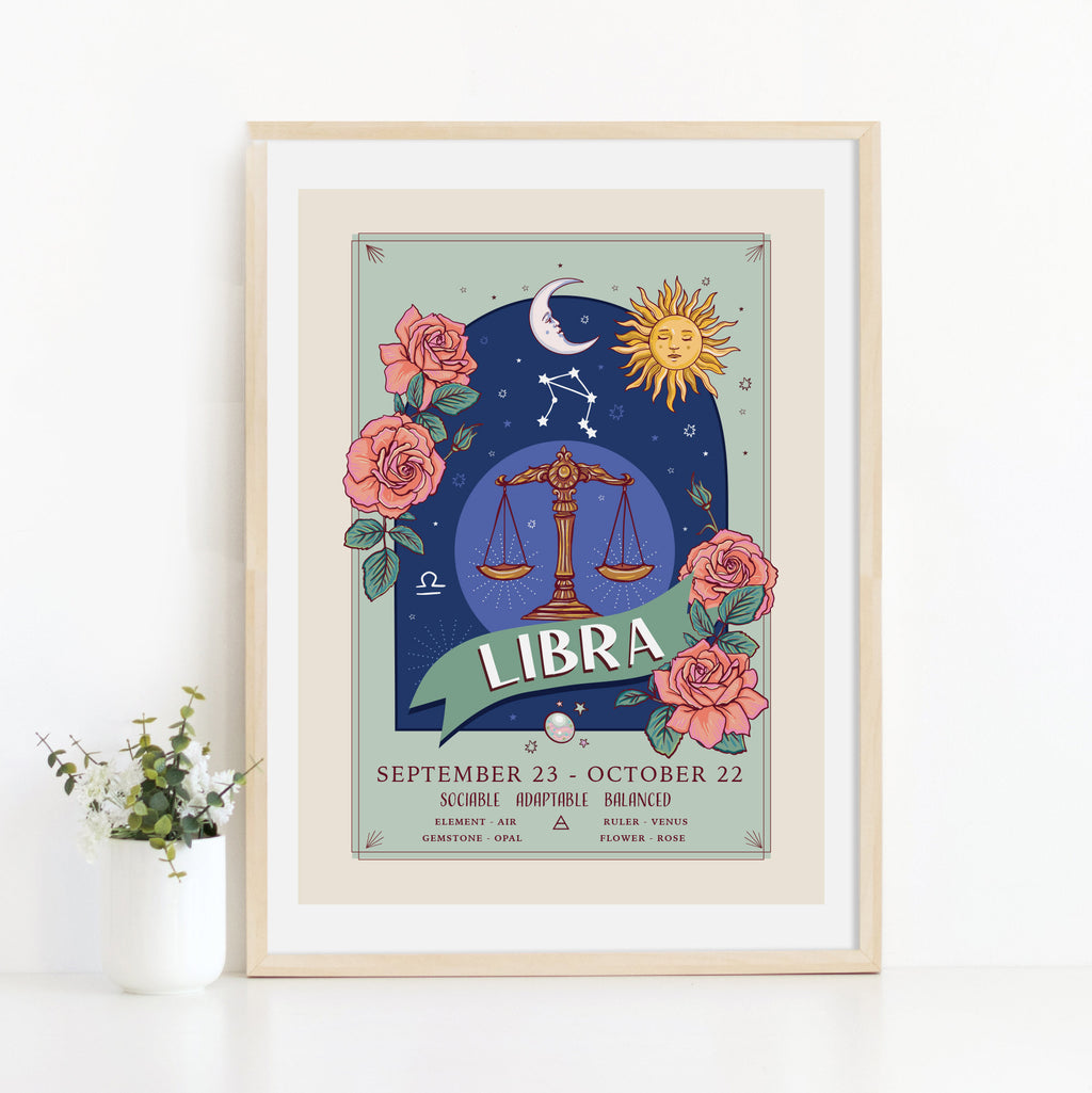 Libra Wall Art Print, Zodiac Sign and Flowers Illustration Print