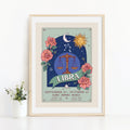 Libra Wall Art Print, Zodiac Sign and Flowers Illustration Print