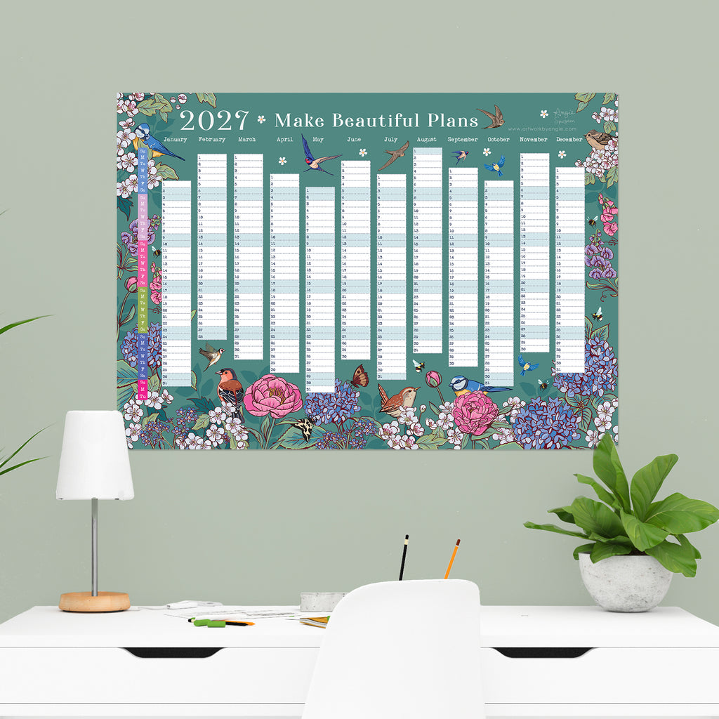 2027 Wall Planner: Flowers & Garden Birds - A2 Year View Calendar