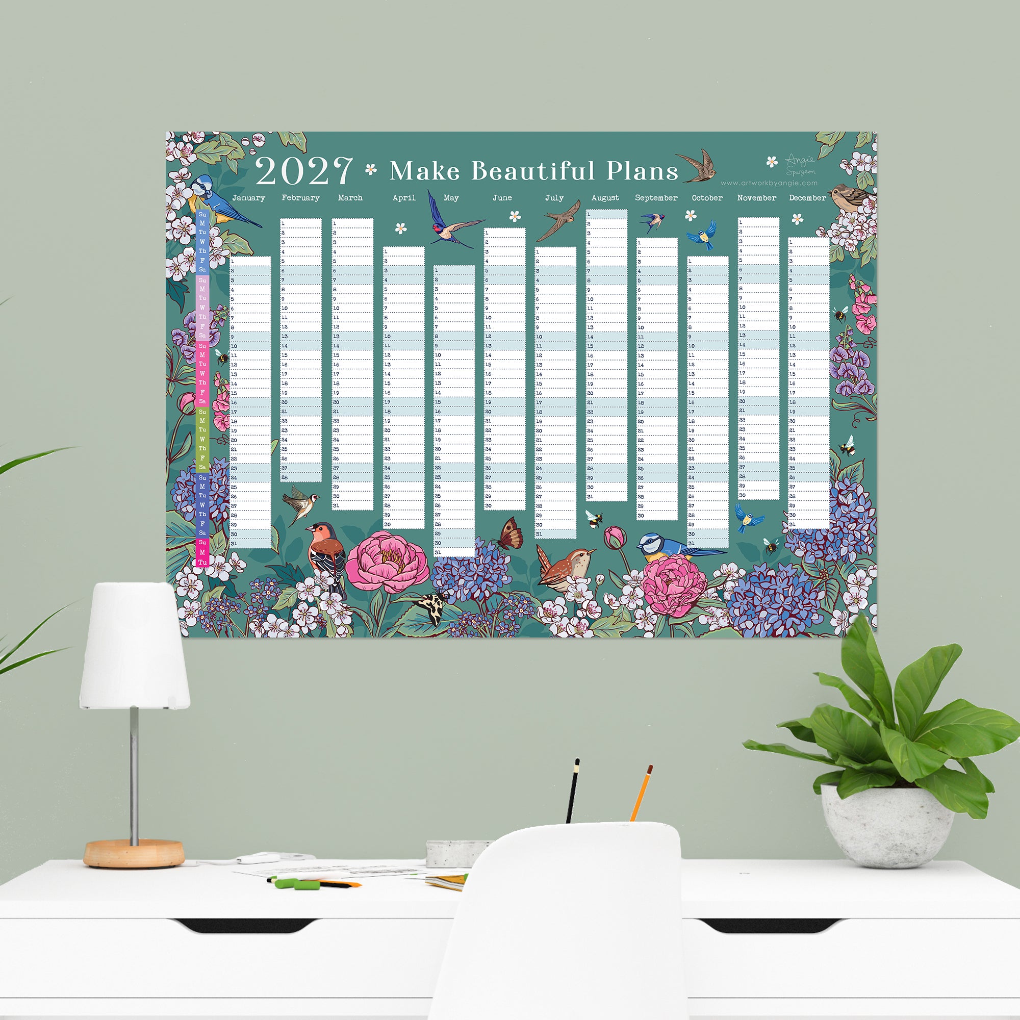 2027 Wall Planner: Flowers & Garden Birds - A2 Year View Calendar