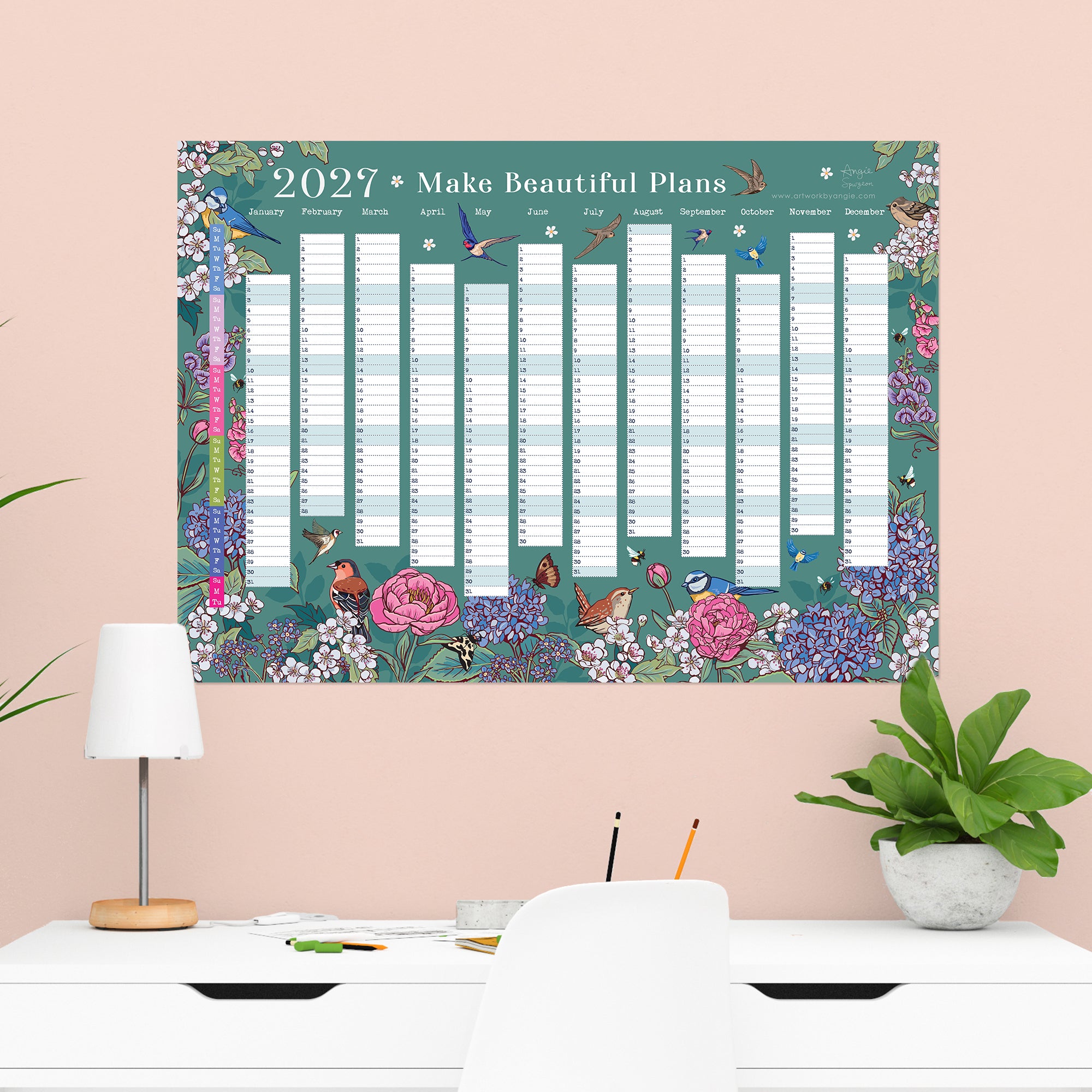 2027 Wall Planner: Flowers & Garden Birds - A2 Year View Calendar