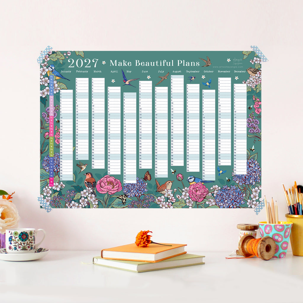2027 Wall Planner: Flowers & Garden Birds - A2 Year View Calendar