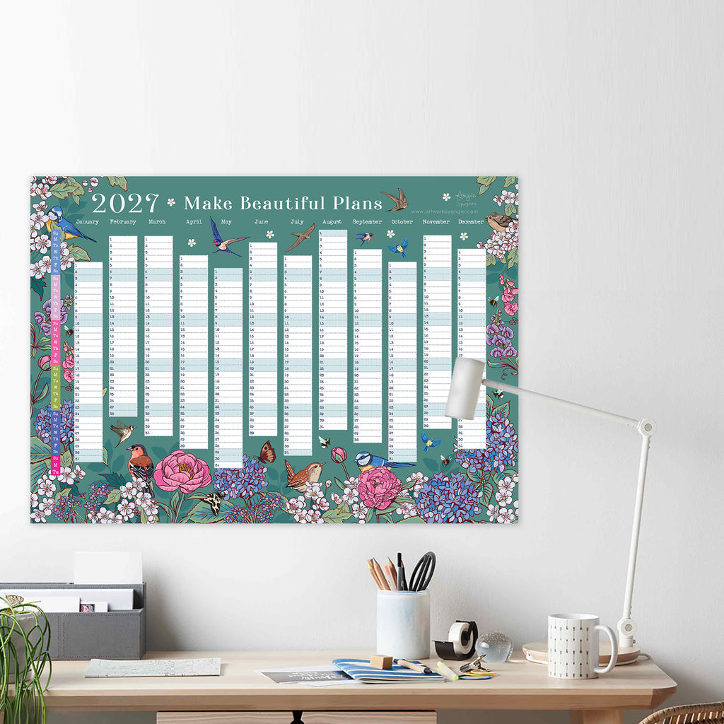 2027 Wall Planner: Flowers & Garden Birds - A2 Year View Calendar