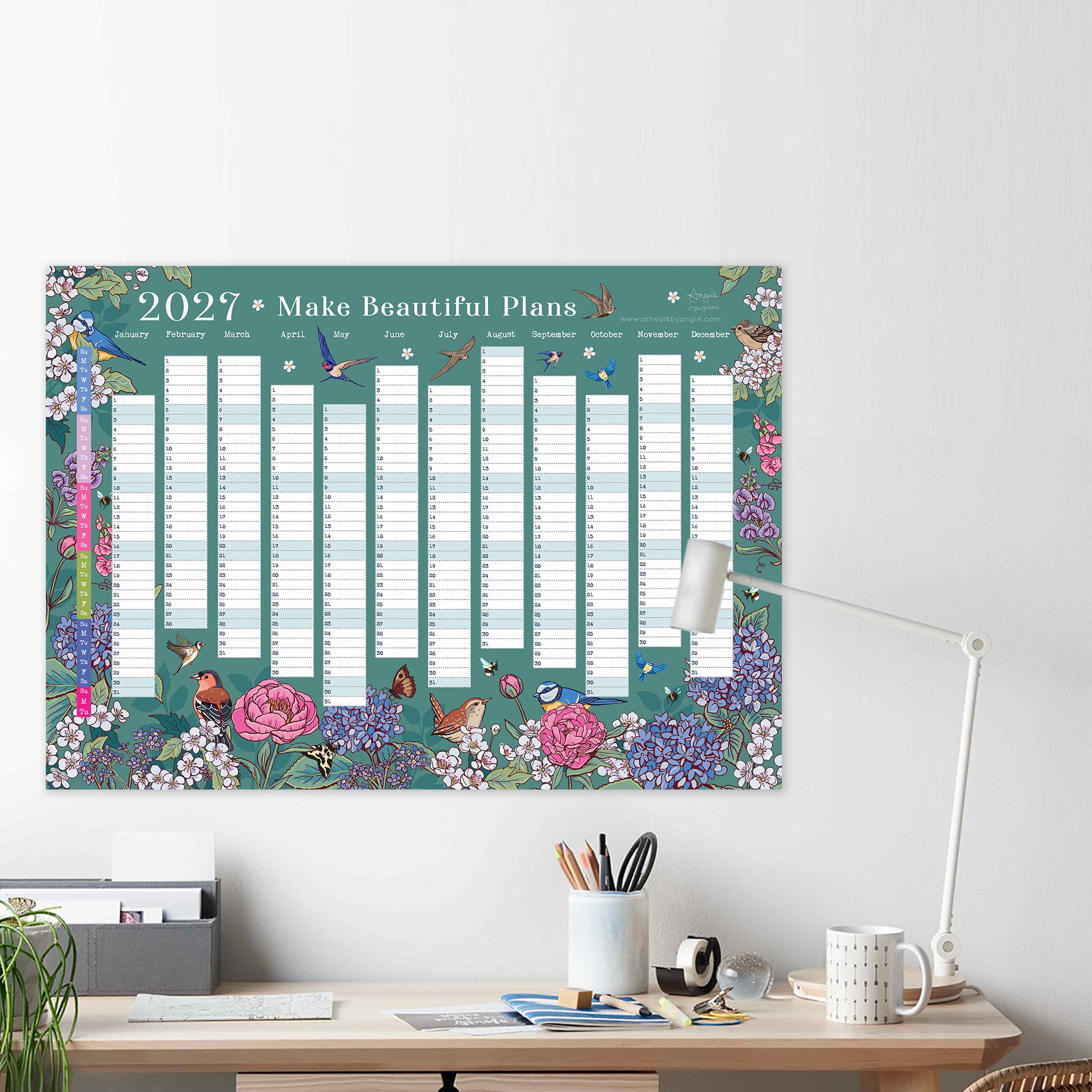 2027 Wall Planner: Flowers & Garden Birds - A2 Year View Calendar