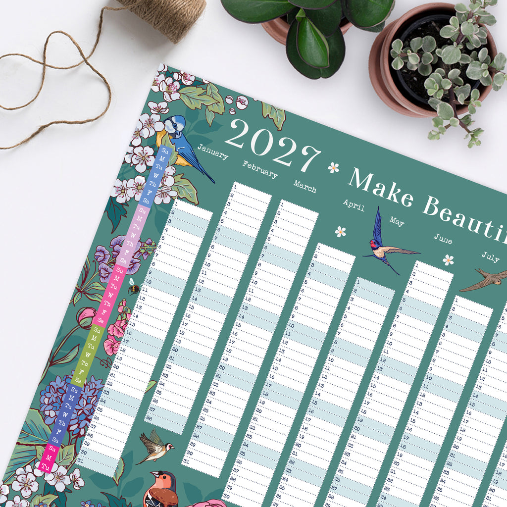 2027 Wall Planner: Flowers & Garden Birds - A2 Year View Calendar