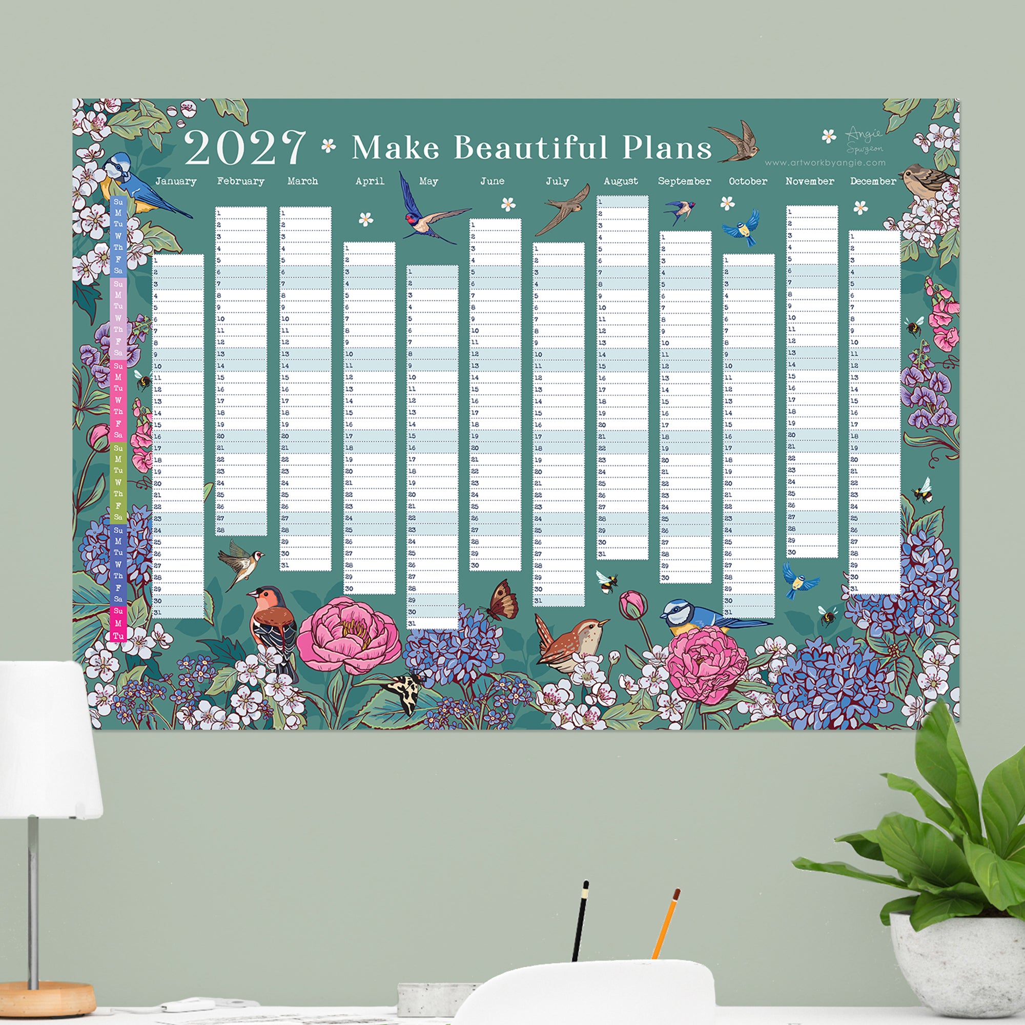 2027 Wall Planner: Flowers & Garden Birds - A2 Year View Calendar