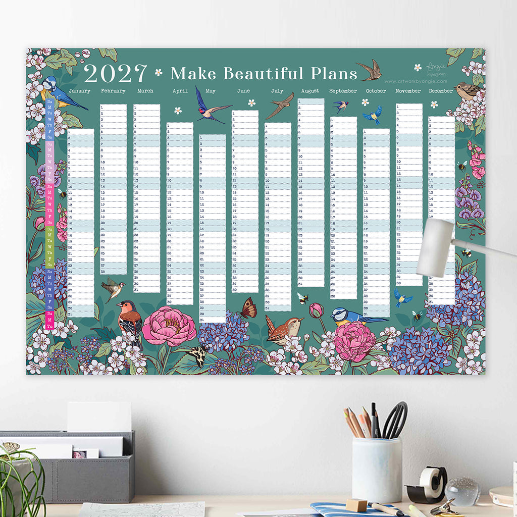 2027 Wall Planner: Flowers & Garden Birds - A2 Year View Calendar