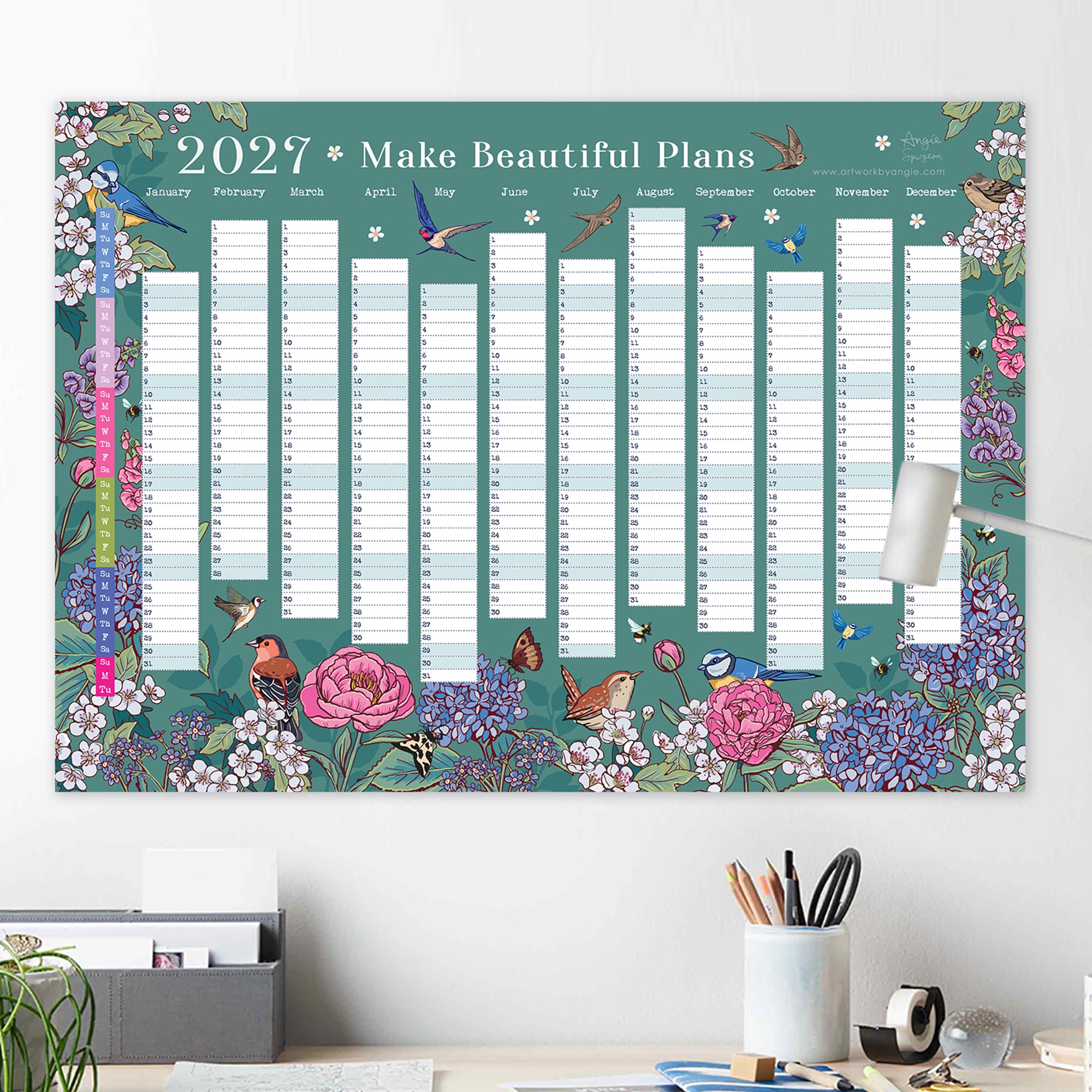 2027 Wall Planner: Flowers & Garden Birds - A2 Year View Calendar