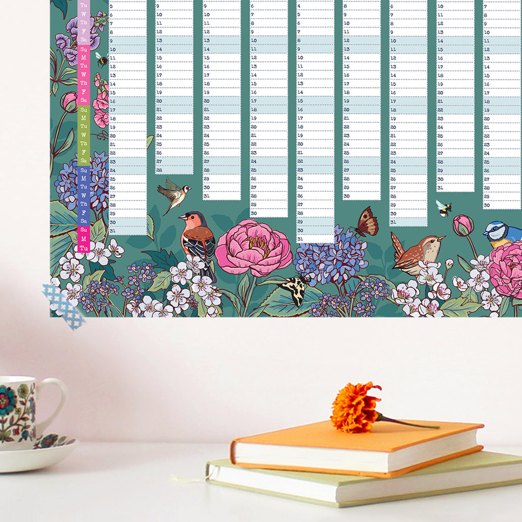 2027 Wall Planner: Flowers & Garden Birds - A2 Year View Calendar