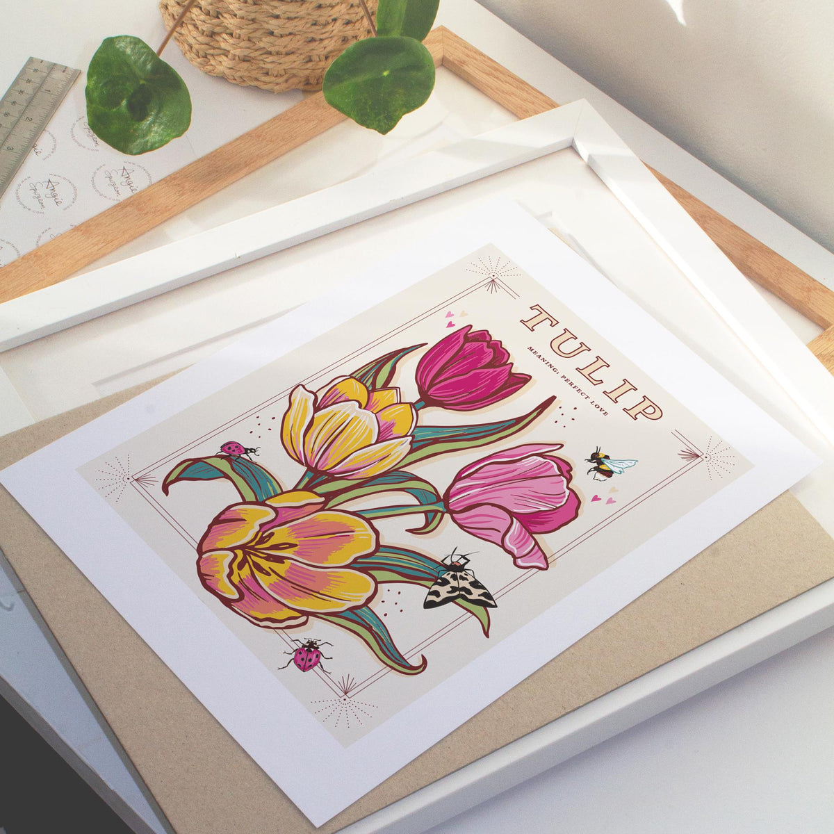 Tulip Wall Art Print, Meaning of Flowers Vintage Seed Packet Style Illustration Print