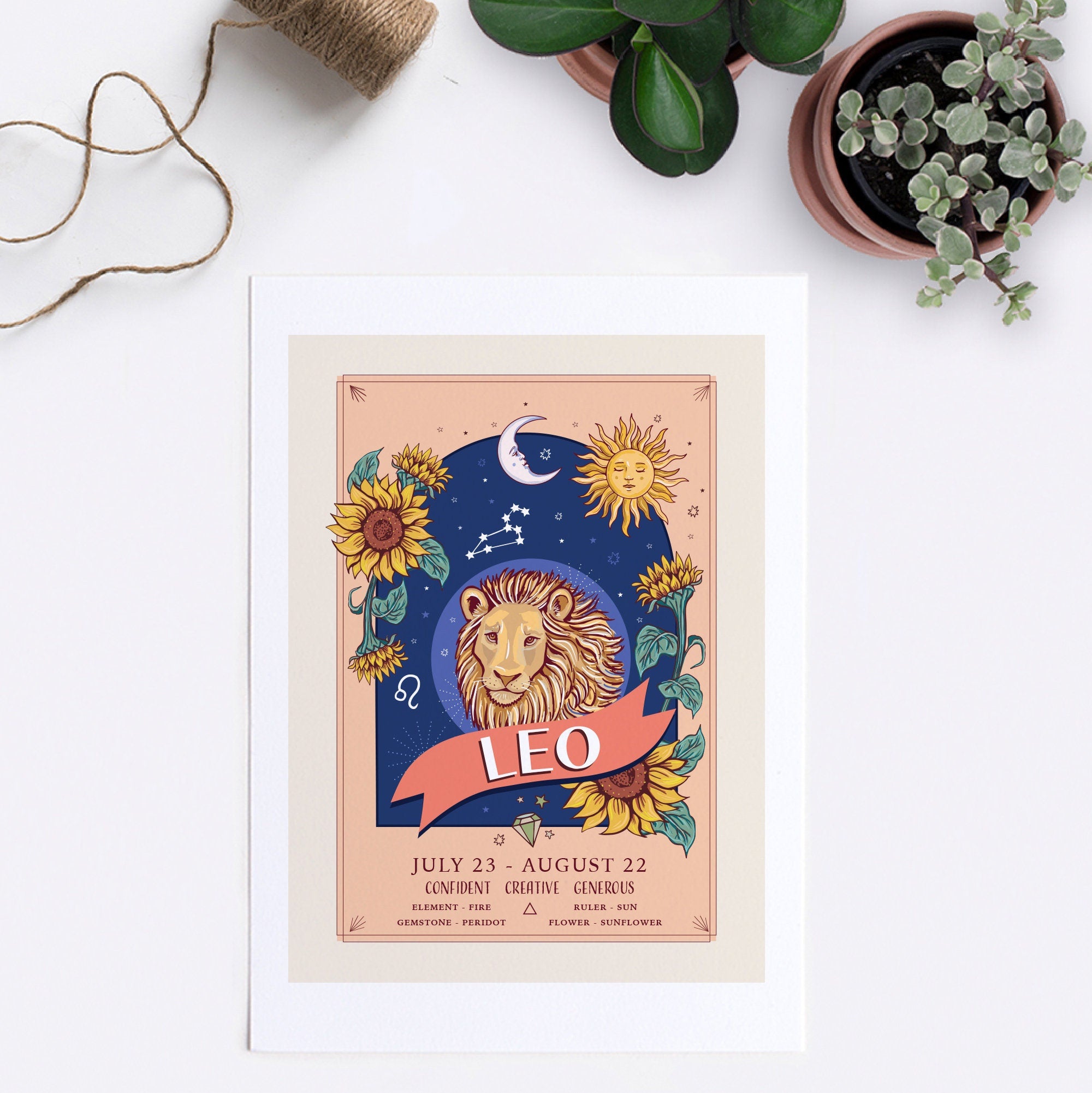 Leo Wall Art Print, Zodiac Sign and Flowers Illustration Print