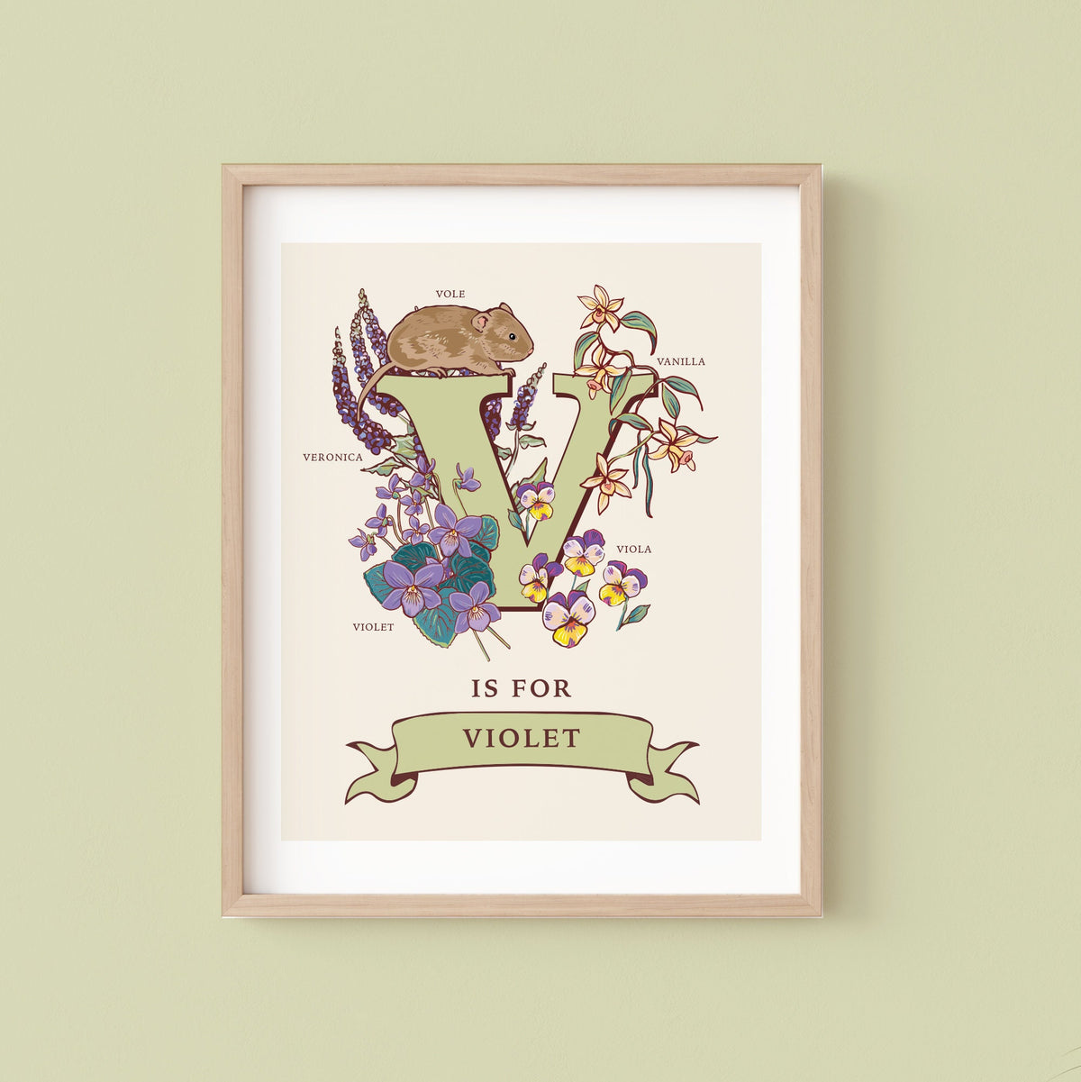 V - Personalised Letter V Print, Initial V Wall Art, Nature Guide Monogram Illustration