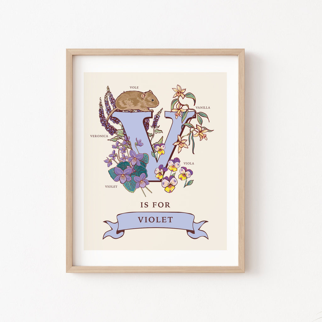 V - Personalised Letter V Print, Initial V Wall Art, Nature Guide Monogram Illustration