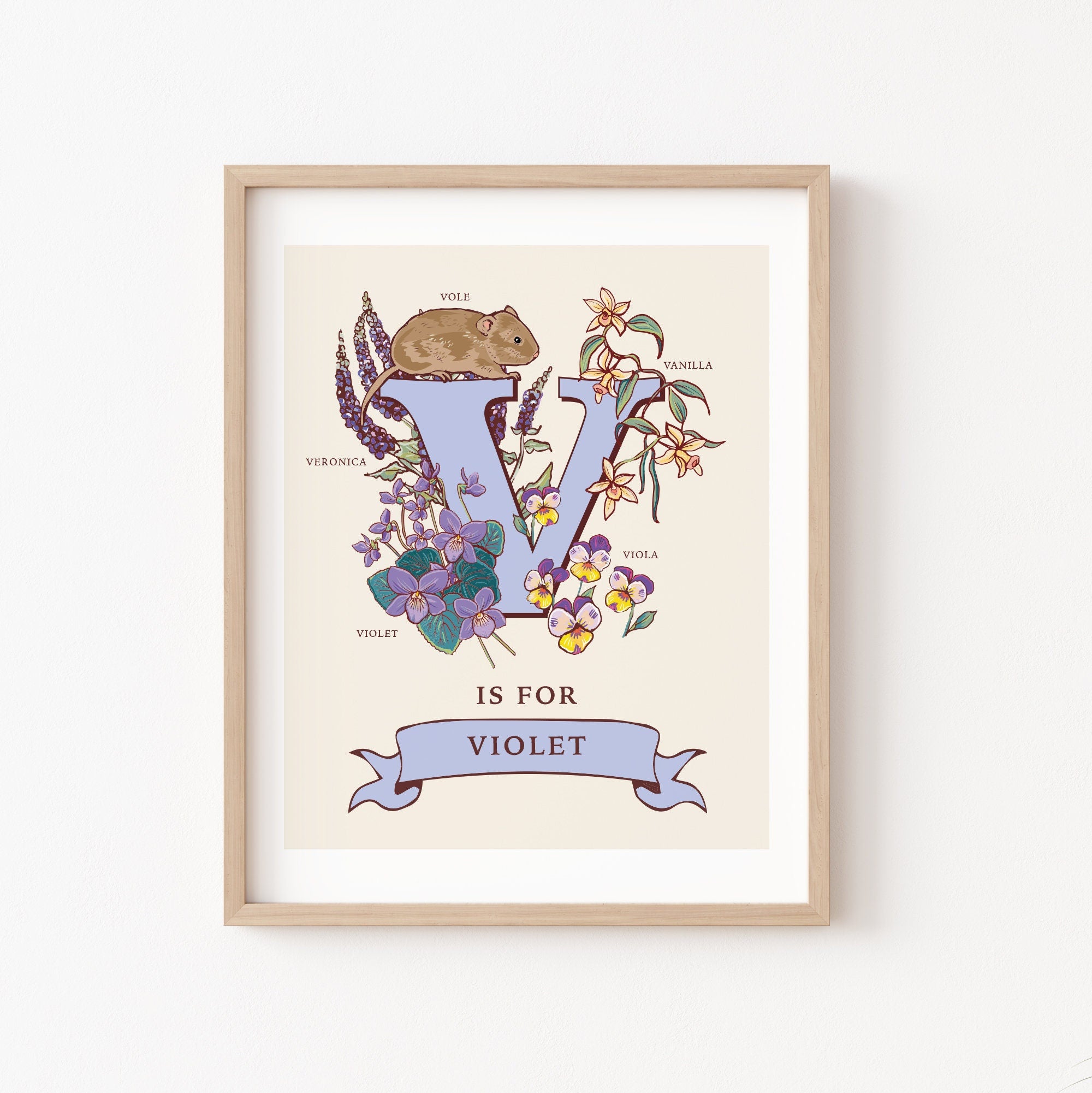 V - Personalised Letter V Print, Initial V Wall Art, Nature Guide Monogram Illustration