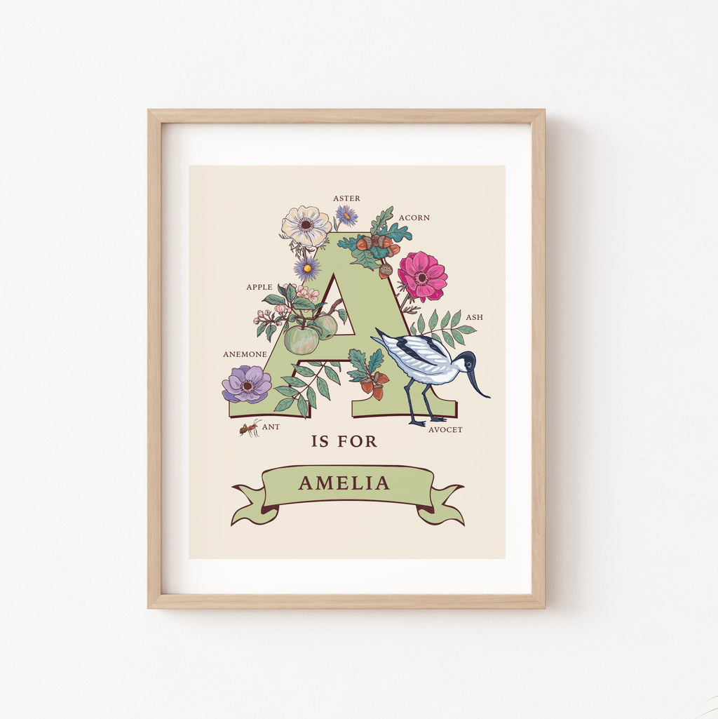 Personalised Monogram Initial Letter A, Nature Guide Wall Art Print