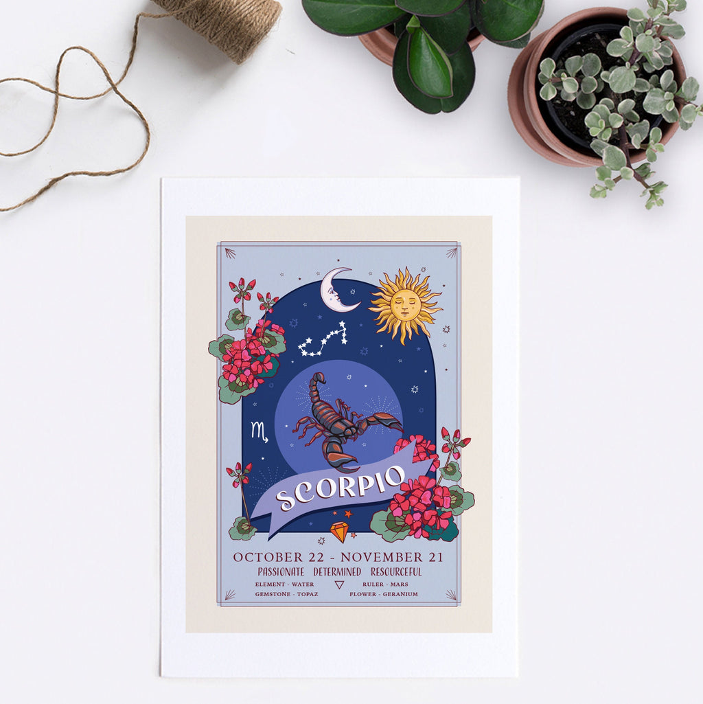 Scorpio Wall Art Print, Zodiac Sign and Flowers Illustration Print
