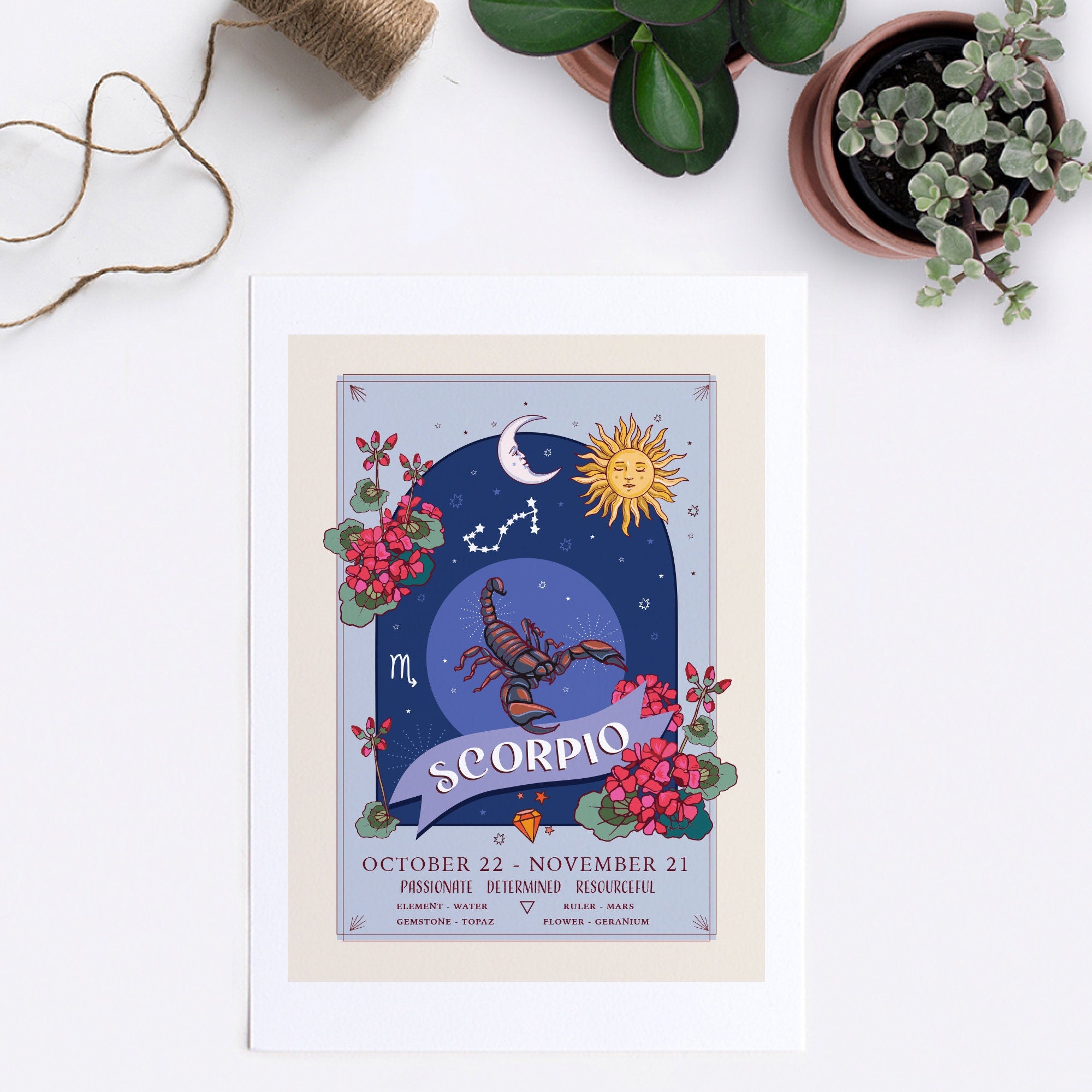 Scorpio Wall Art Print, Zodiac Sign and Flowers Illustration Print