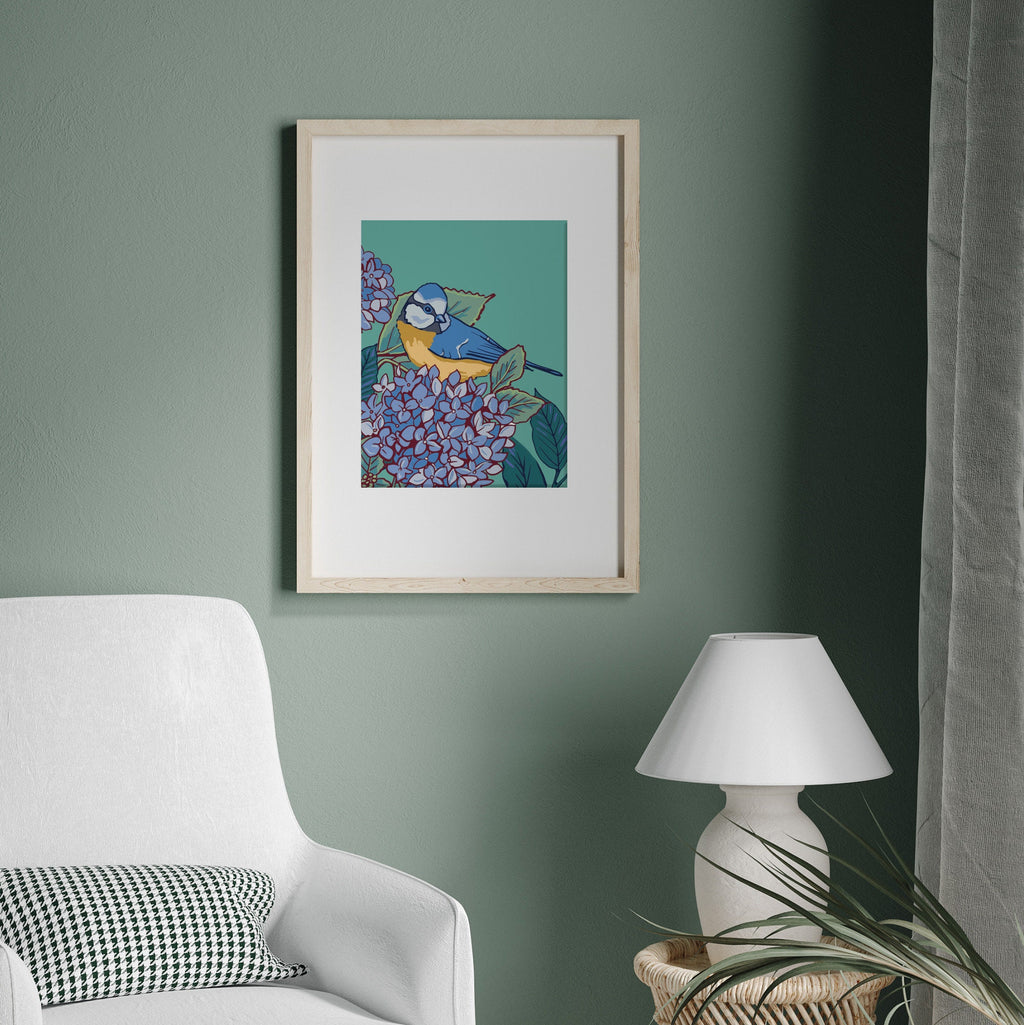 Blue Tit and Hydrangea Wall Art Print