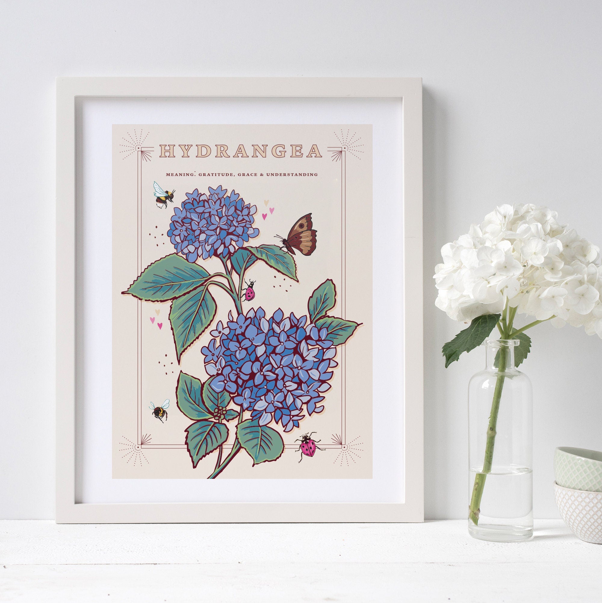 Hydrangea Wall Art Print, Grace & Gratitude Flower Illustration Print