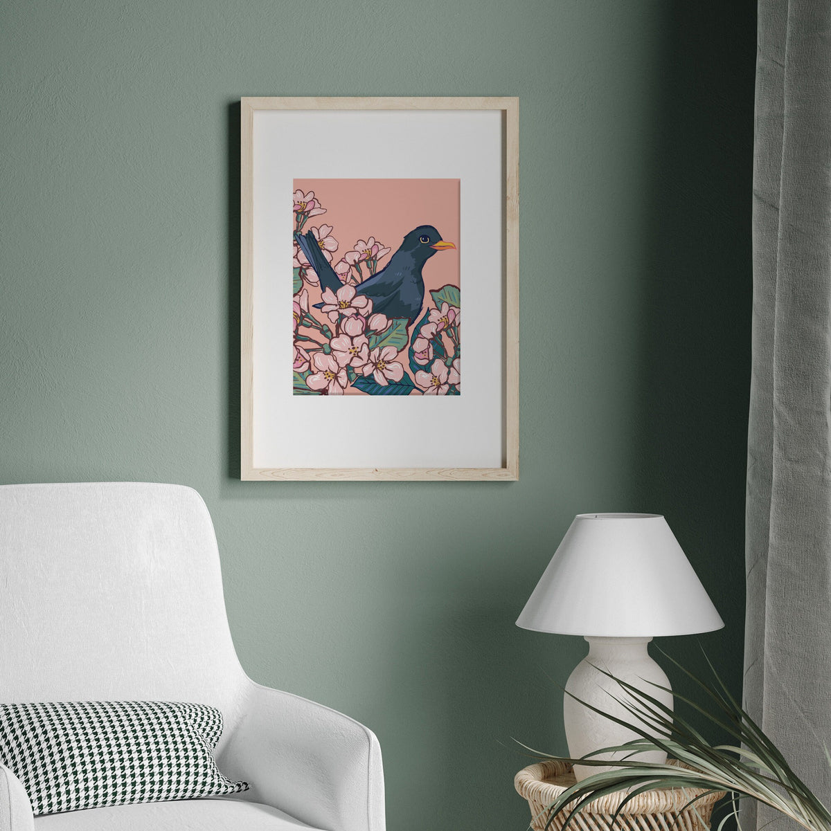 Blackbird in the Cherry Blossom Wall Art Print