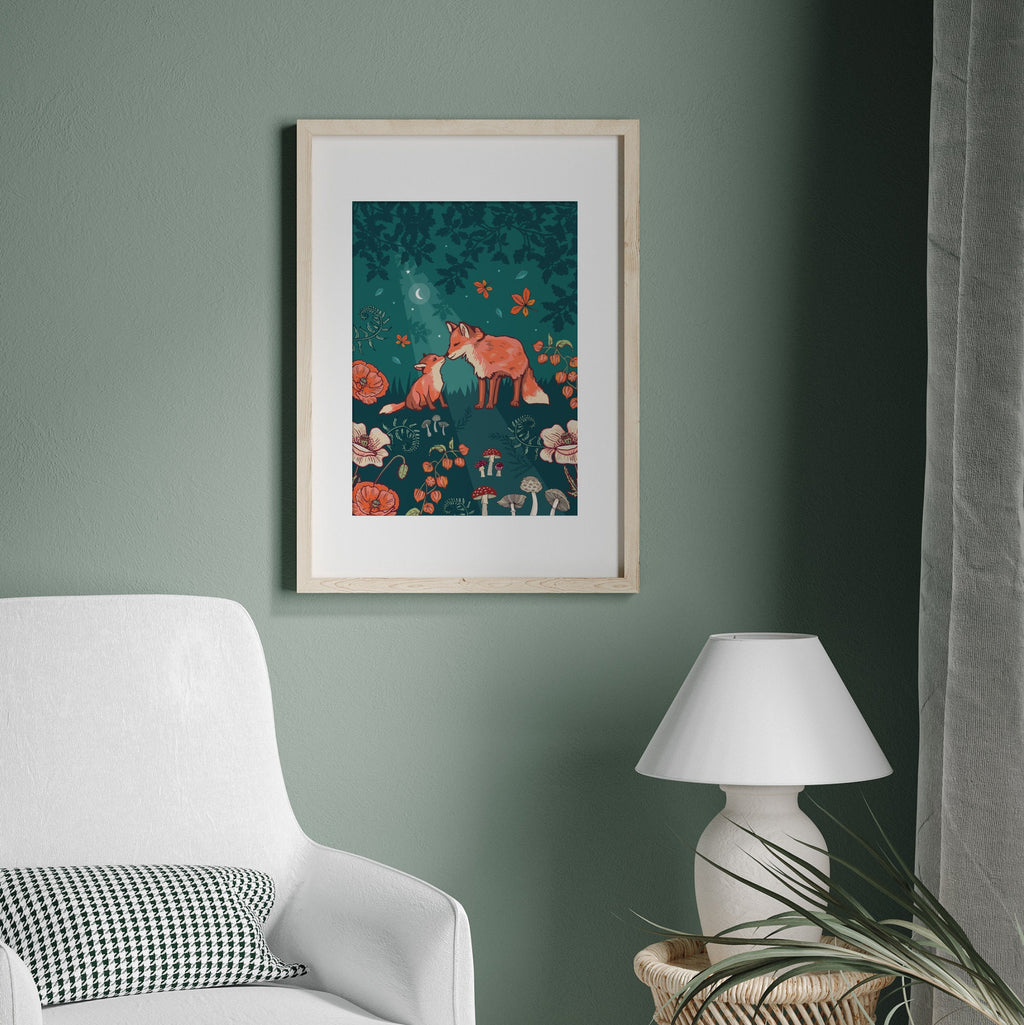 Fox and Cub in Autumn Woodland Nursery Print