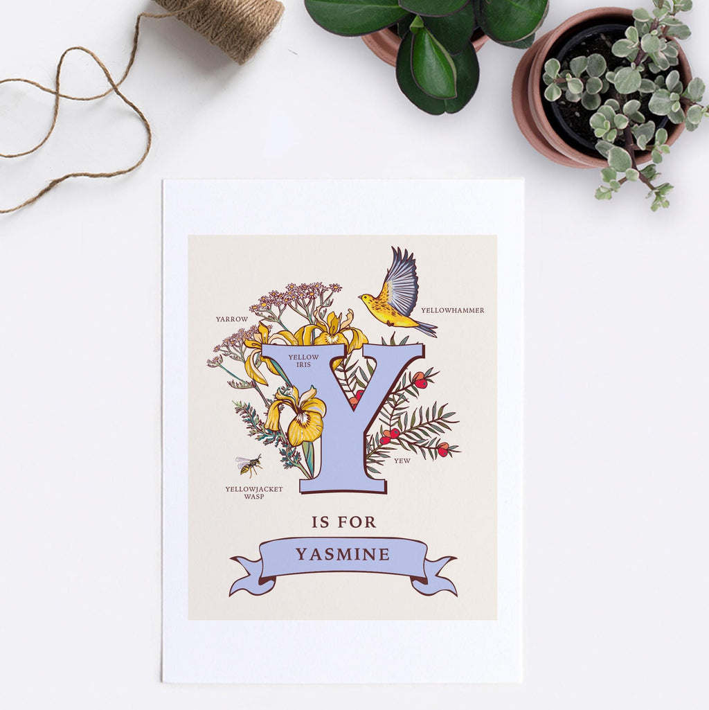 Y - Personalised Letter Y Print, Initial Y Wall Art, Nature Guide Monogram Illustration