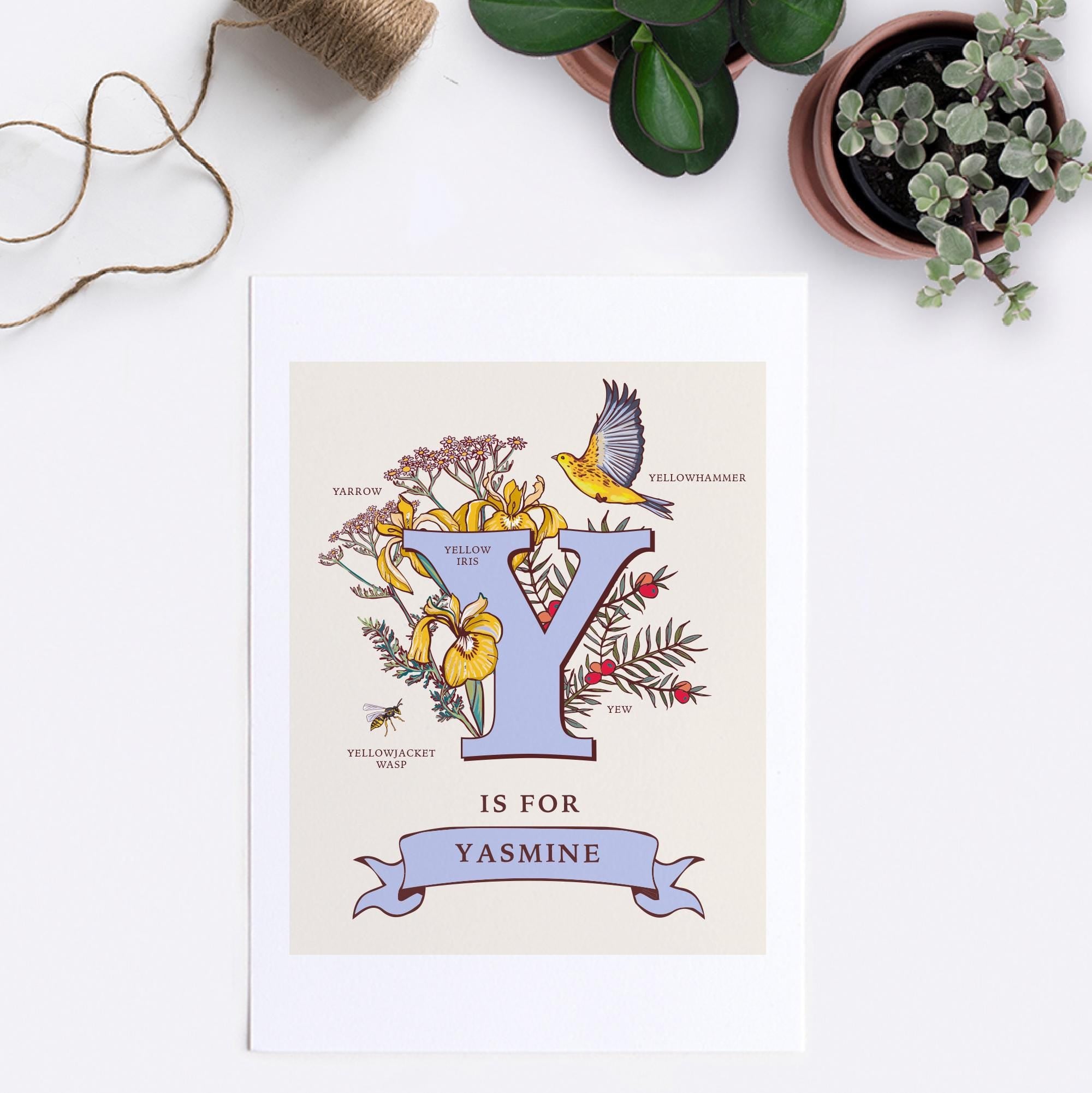 Y - Personalised Letter Y Print, Initial Y Wall Art, Nature Guide Monogram Illustration