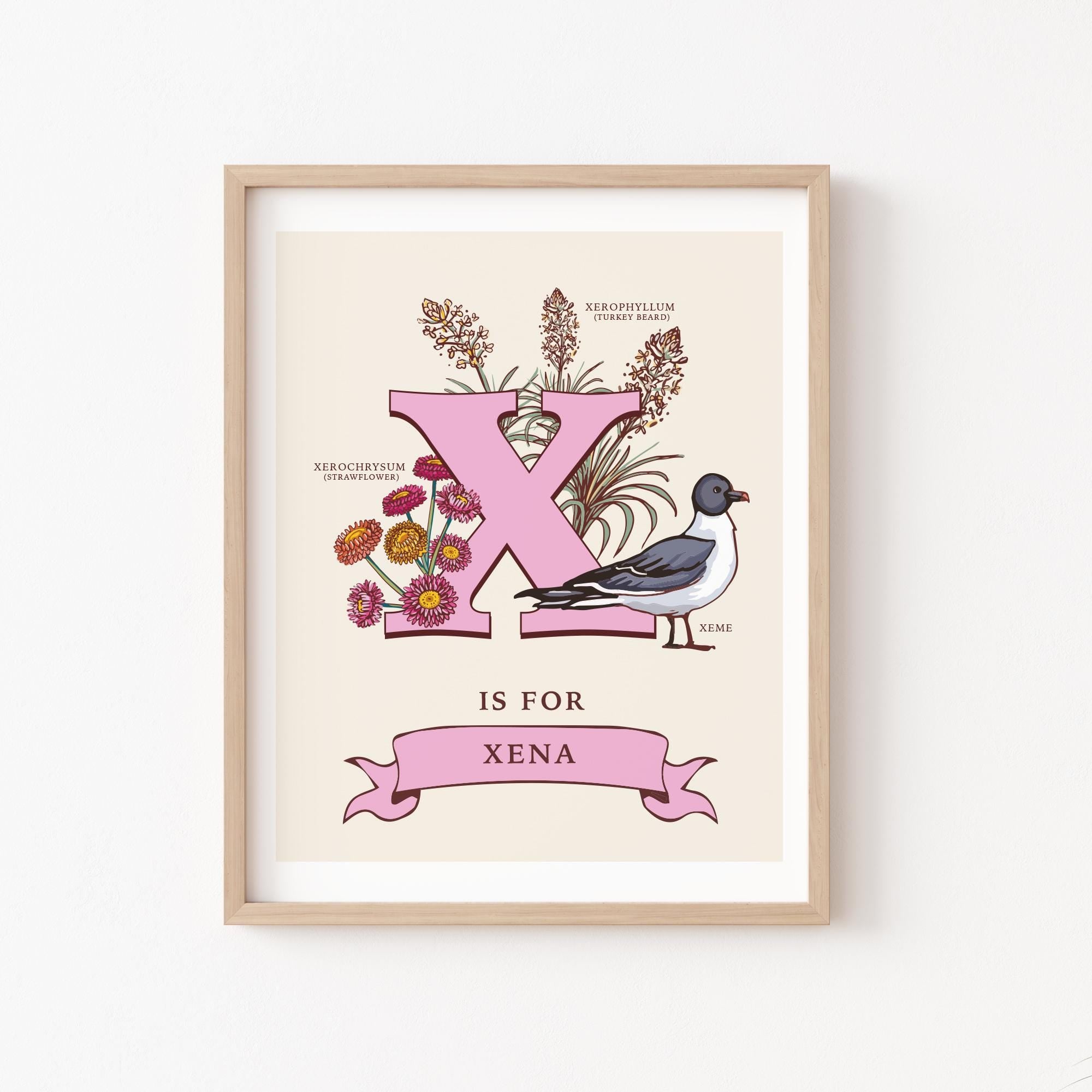 X - Personalised Letter X Print, Initial X Wall Art, Nature Guide Monogram Illustration