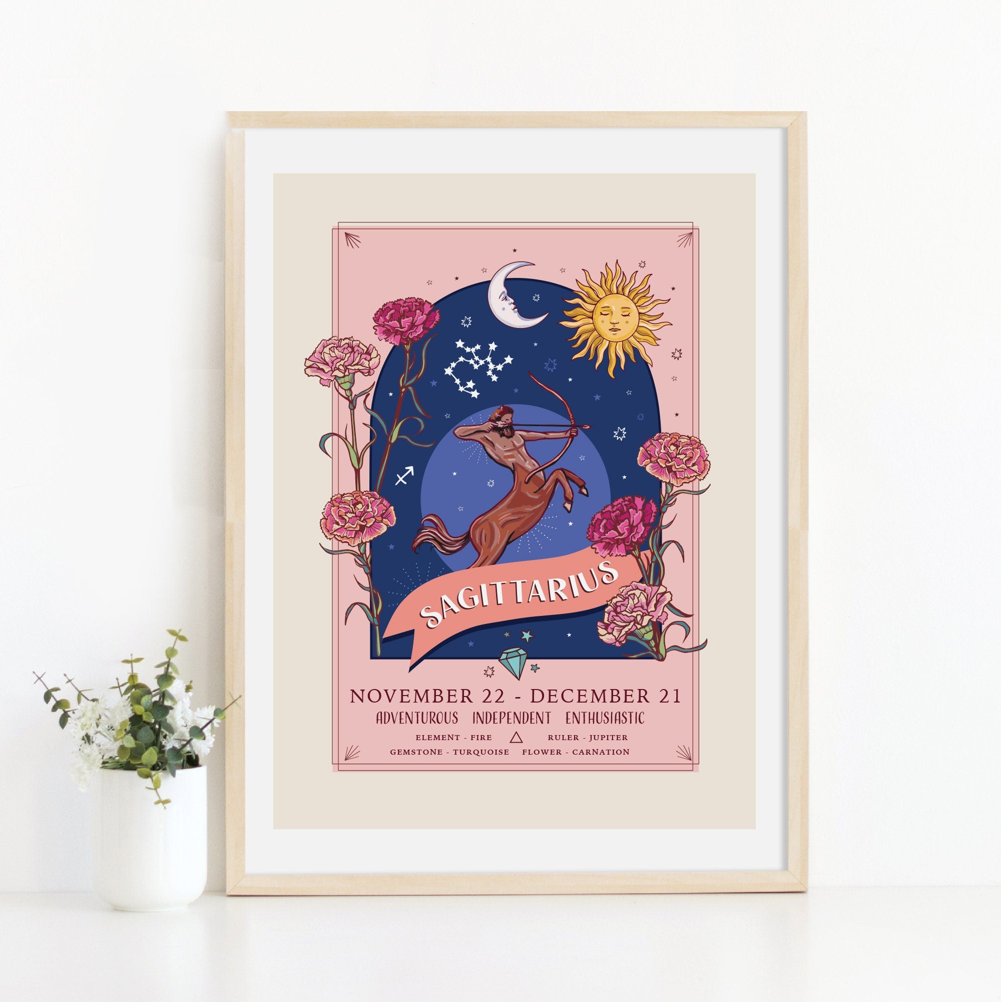 Sagittarius Wall Art Print, Zodiac Sign and Flowers Illustration Print