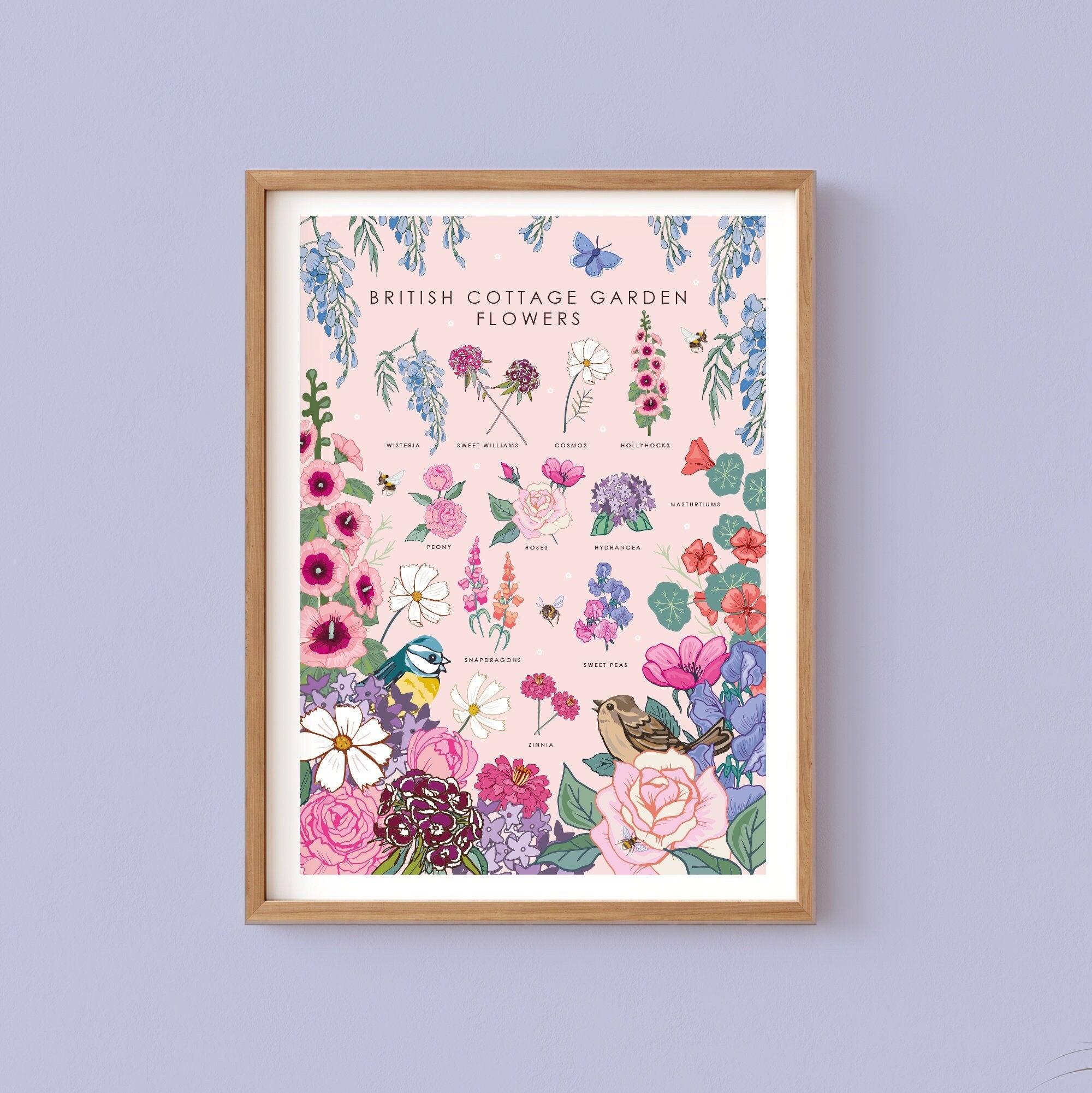 British Cottage Garden Flowers Nature Guide Wall Art Print