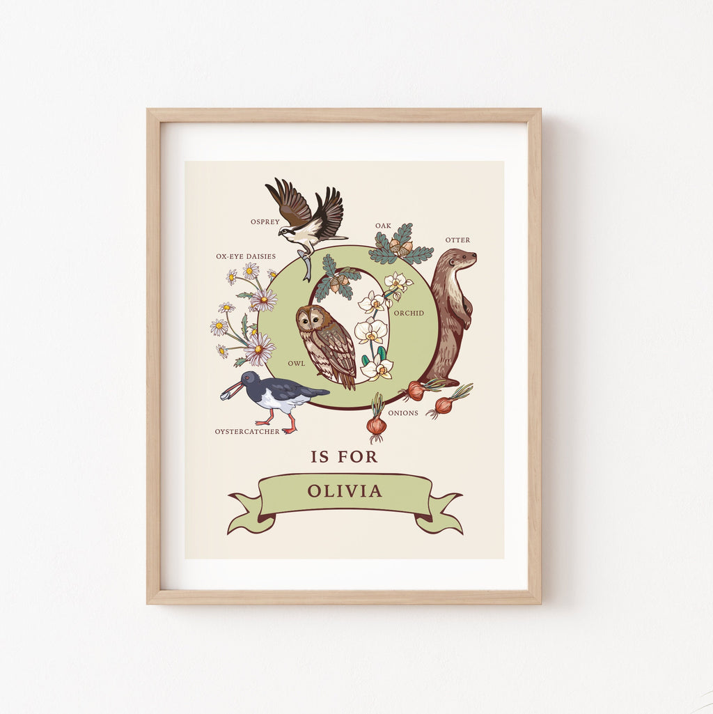 O - Personalised Letter O Print, Initial O Wall Art, Nature Guide Monogram Illustration