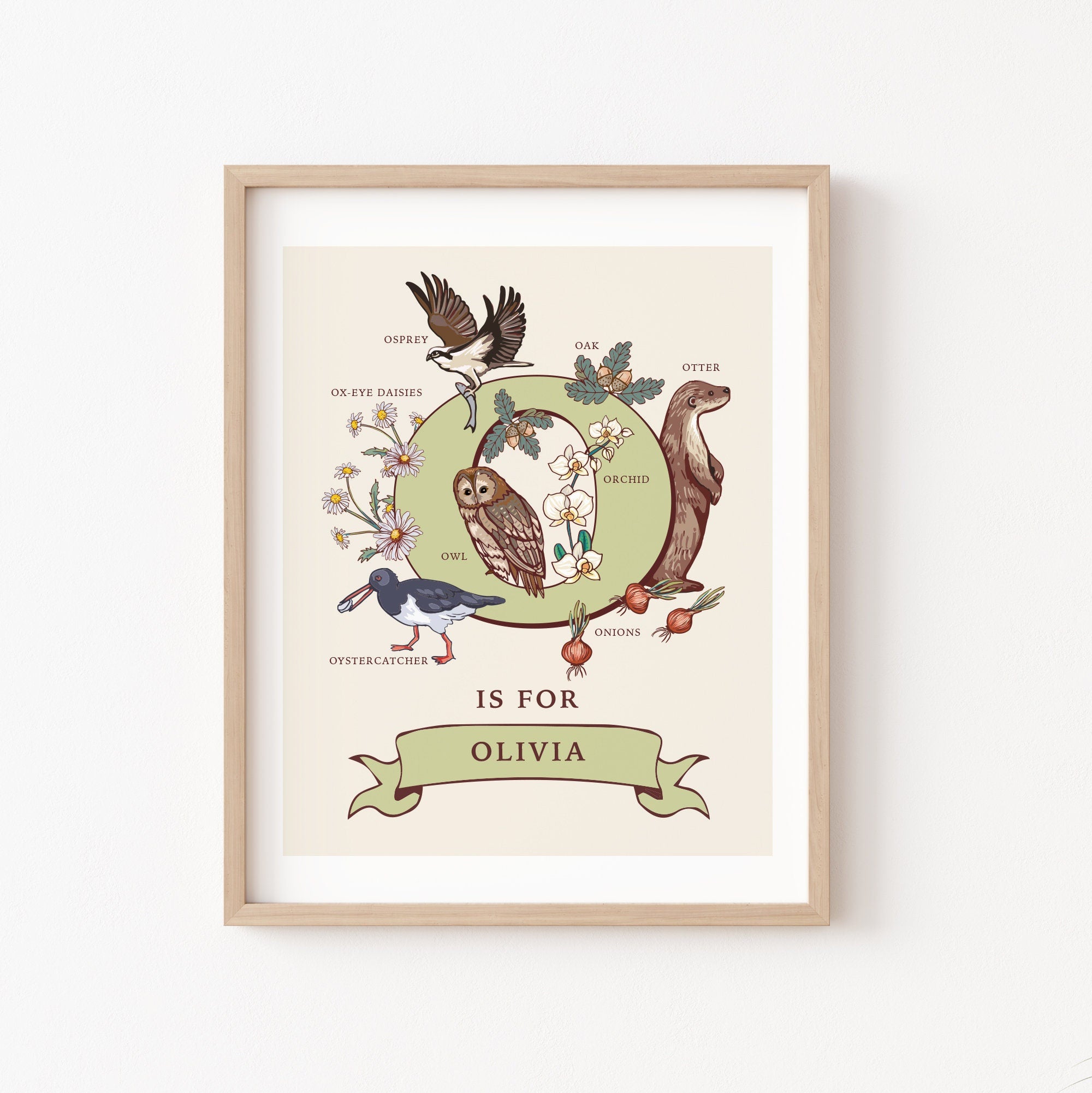 O - Personalised Letter O Print, Initial O Wall Art, Nature Guide Monogram Illustration