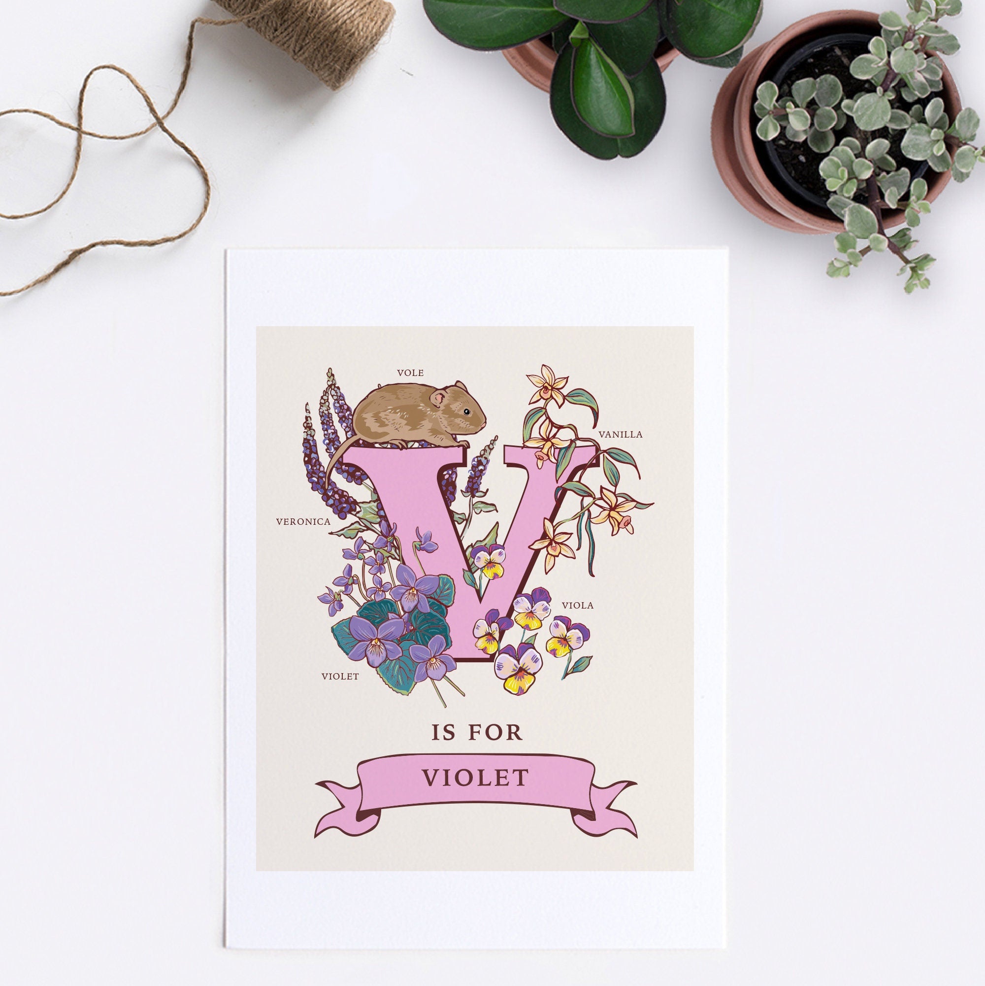 V - Personalised Letter V Print, Initial V Wall Art, Nature Guide Monogram Illustration