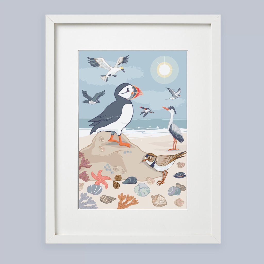 Puffin and Seabirds Wall Art Print, Coastal Birds Illustration Print