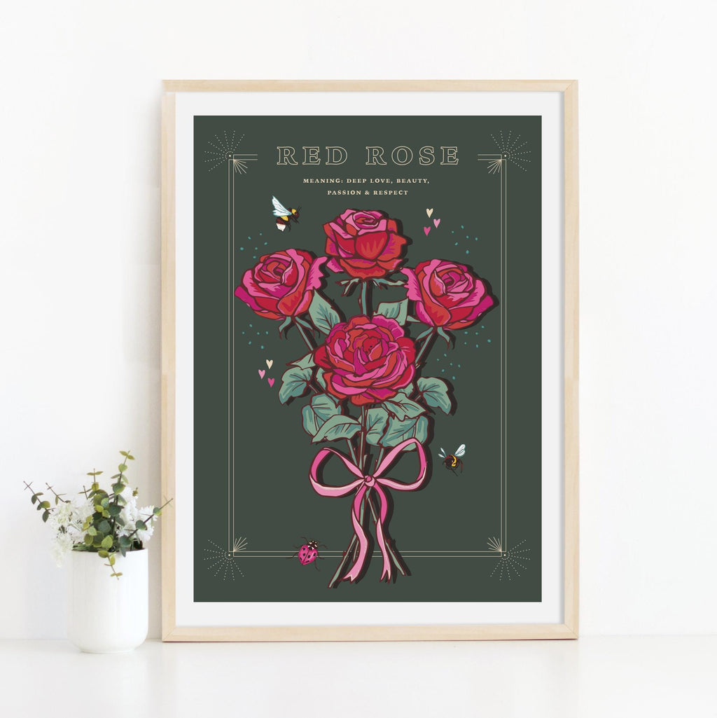 Red Rose Wall Art Print, Flower Meaning Illustration Print