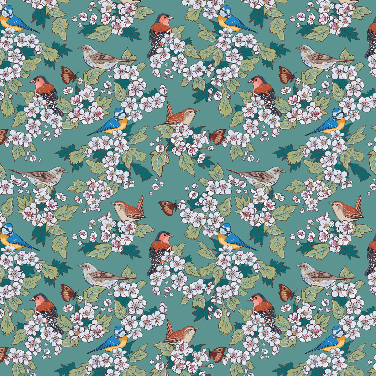 Hawthorn Blossom Gift Wrap, Hedgerow Birds Wrapping Paper