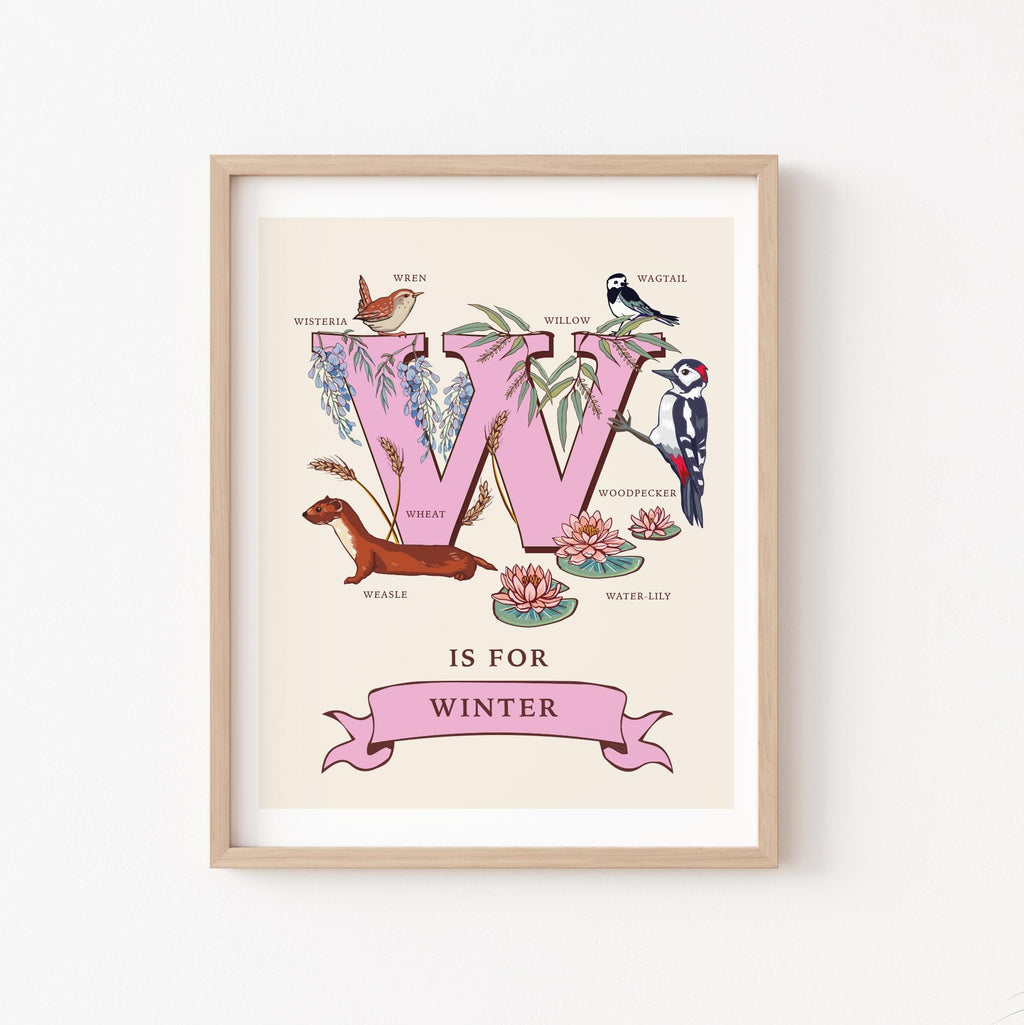 W - Personalised Letter W Print, Initial W Wall Art, Nature Guide Monogram Illustration