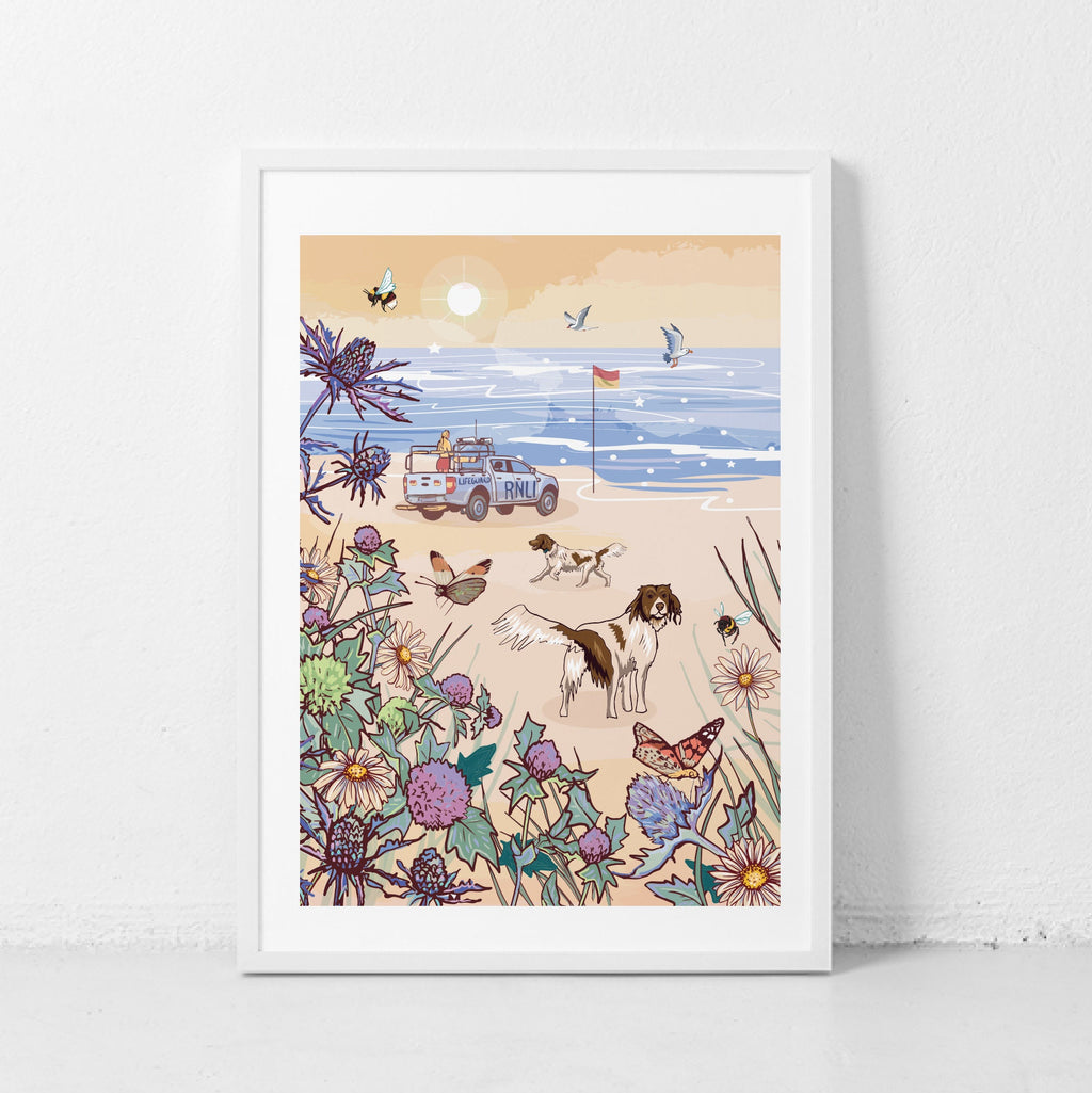 Dogs on the Beach Wall Art Print, View From Sand Dunes Illustration Print