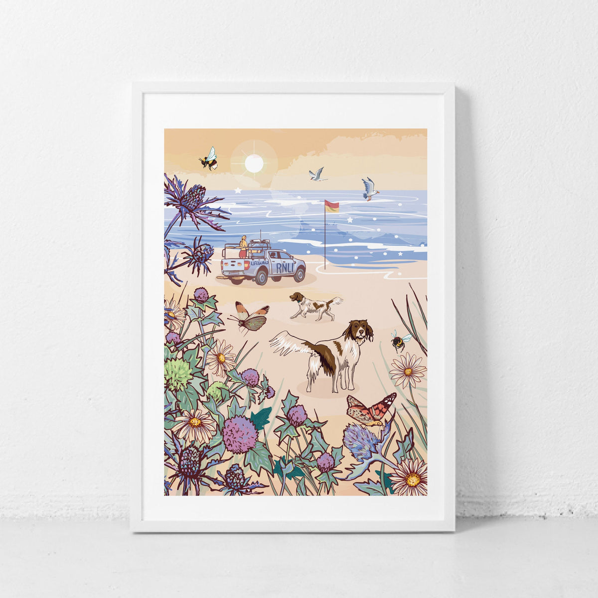 Dogs on the Beach Wall Art Print, View From Sand Dunes Illustration Print