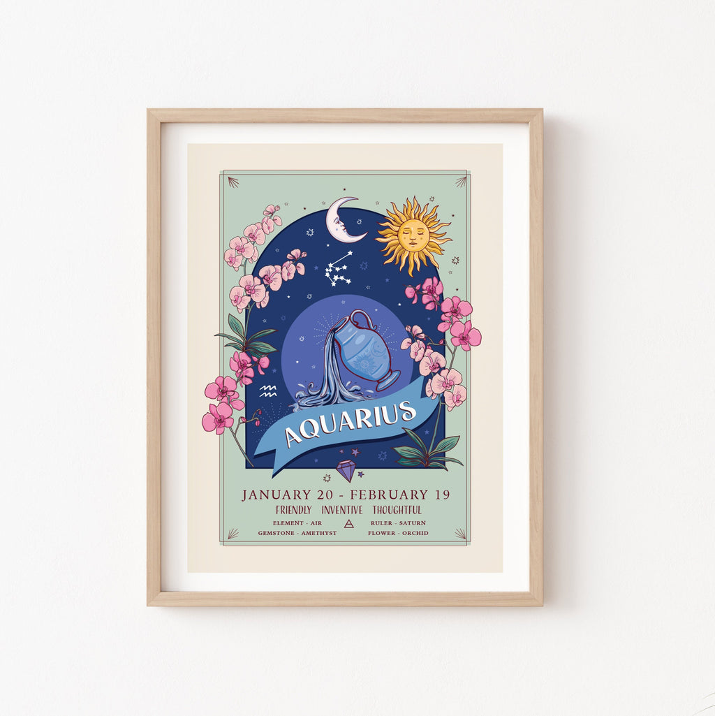 Aquarius Wall Art Print, Zodiac Sign and Flowers Illustration Print