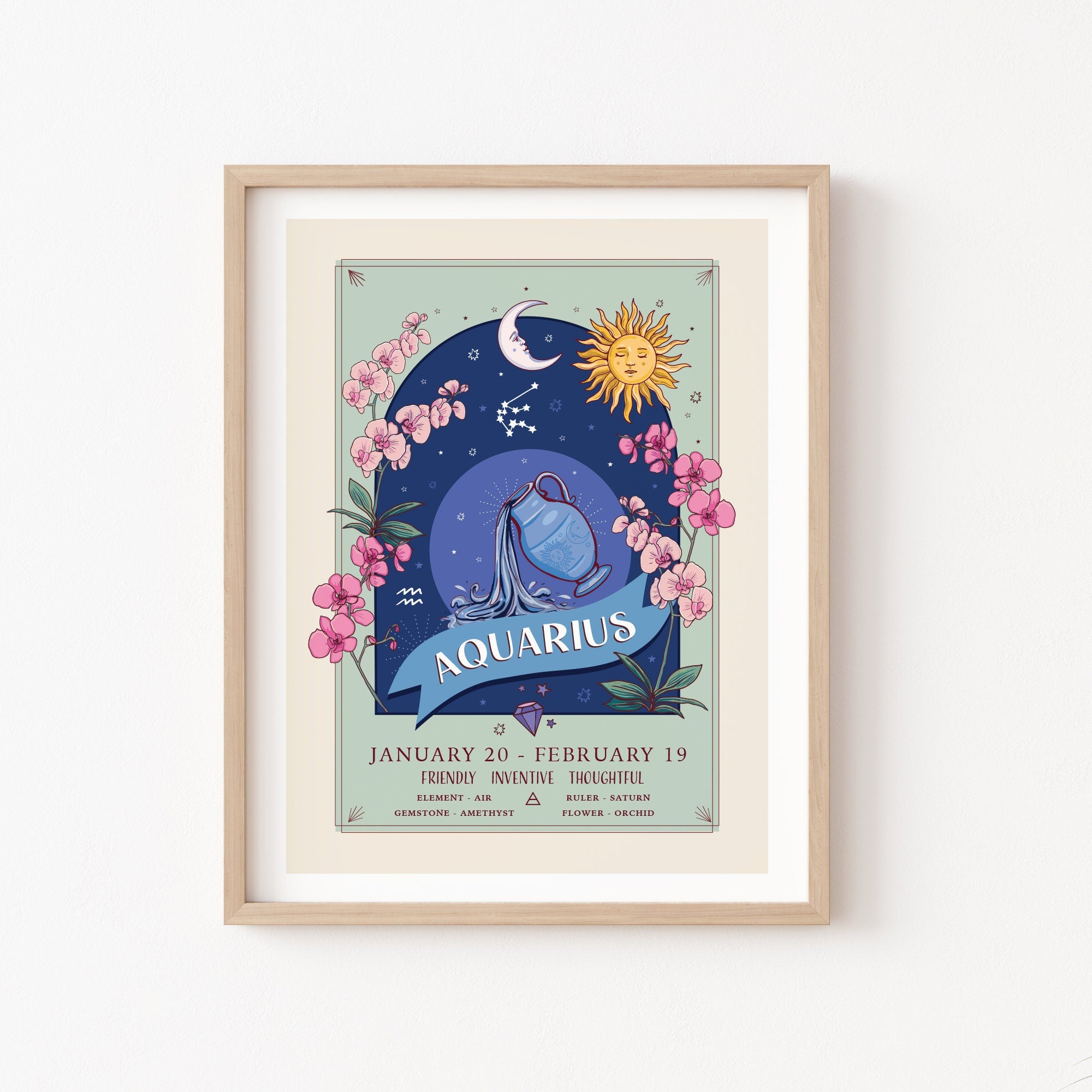Aquarius Wall Art Print, Zodiac Sign and Flowers Illustration Print