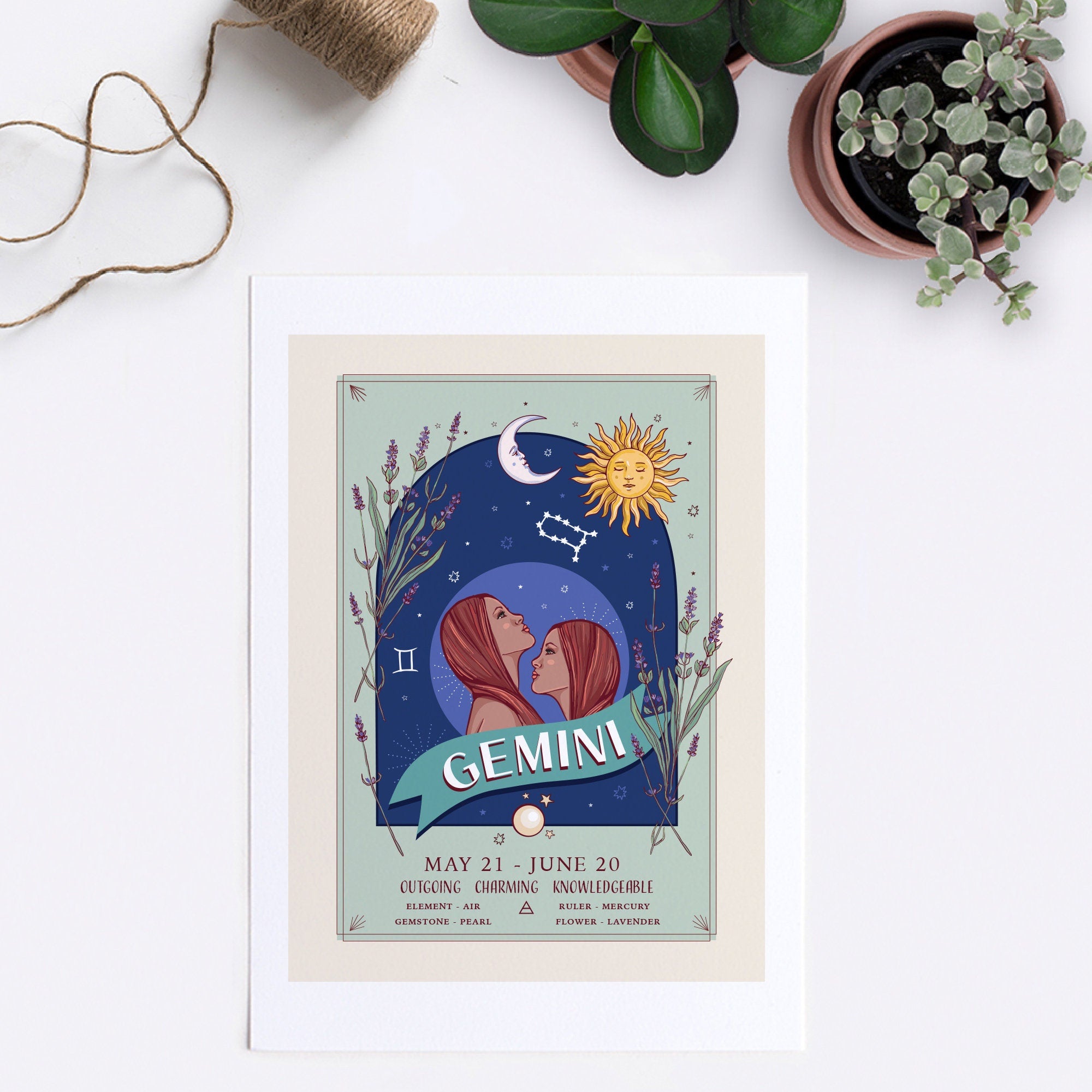 Gemini Wall Art Print, Zodiac Sign and Flowers Illustration Print