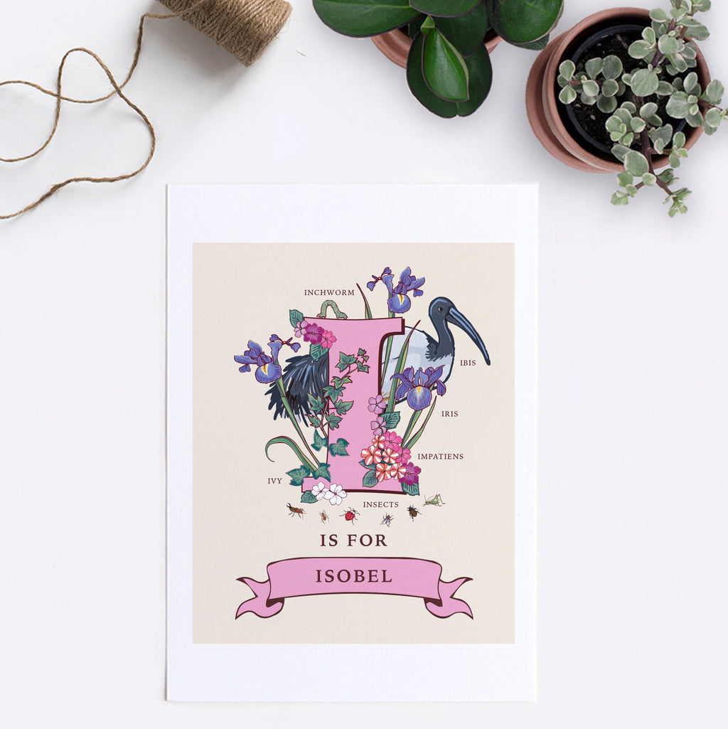 I - Personalised Letter I Print, Initial I Wall Art, Nature Guide Monogram Illustration