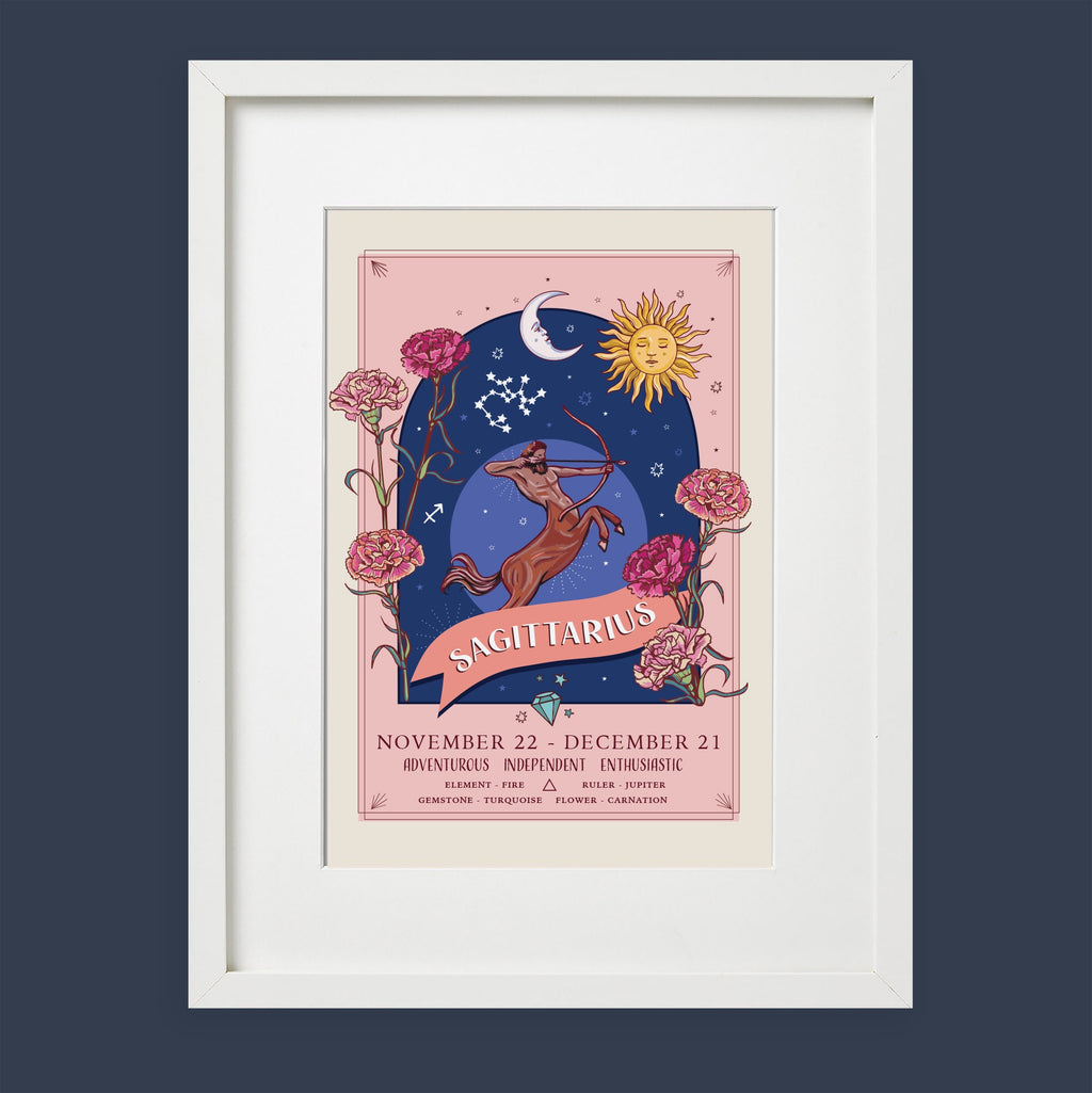 Sagittarius Wall Art Print, Zodiac Sign and Flowers Illustration Print